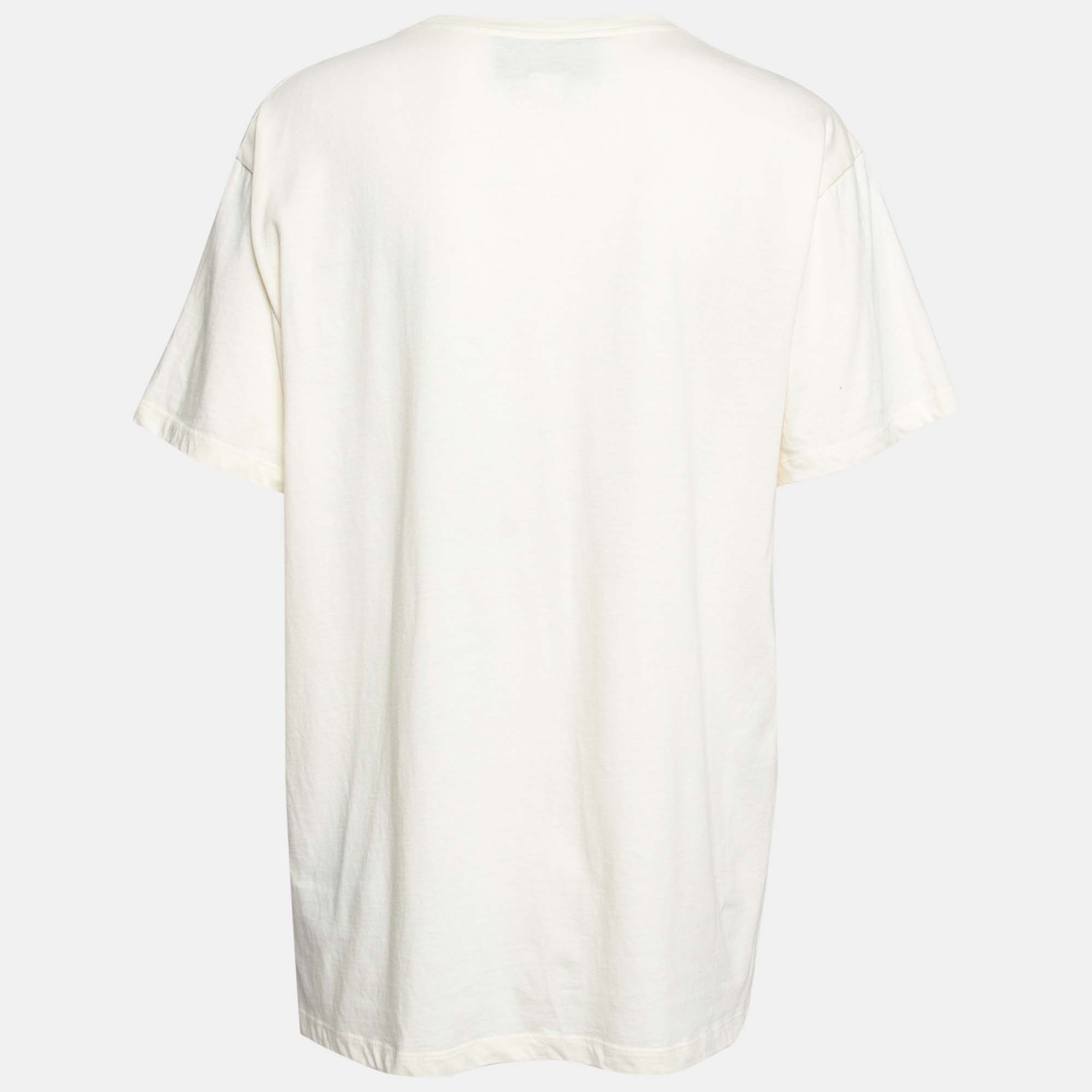 

Gucci Cream Cotton Glitter Logo Printed Crew Neck T-Shirt