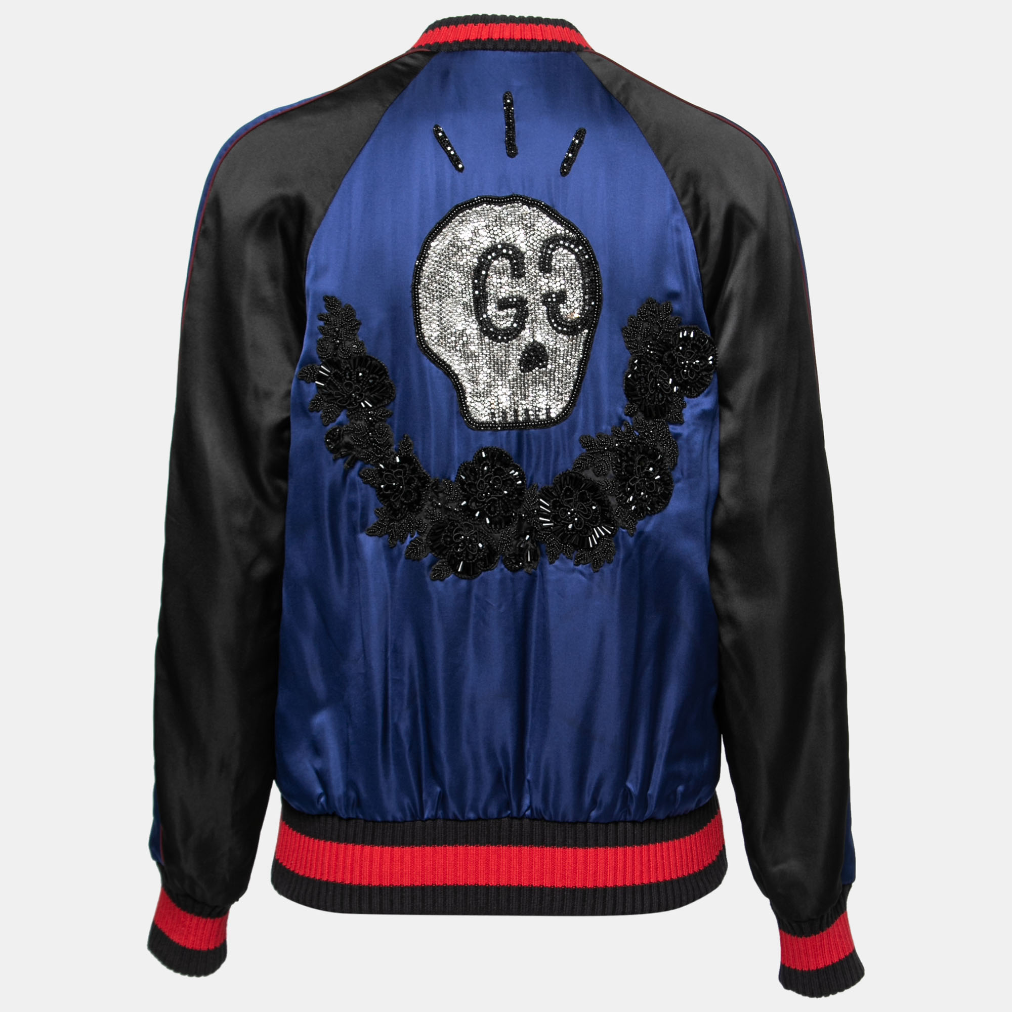 

Gucci Blue & Black Satin Ghost Skull-Embroidered Bomber Jacket