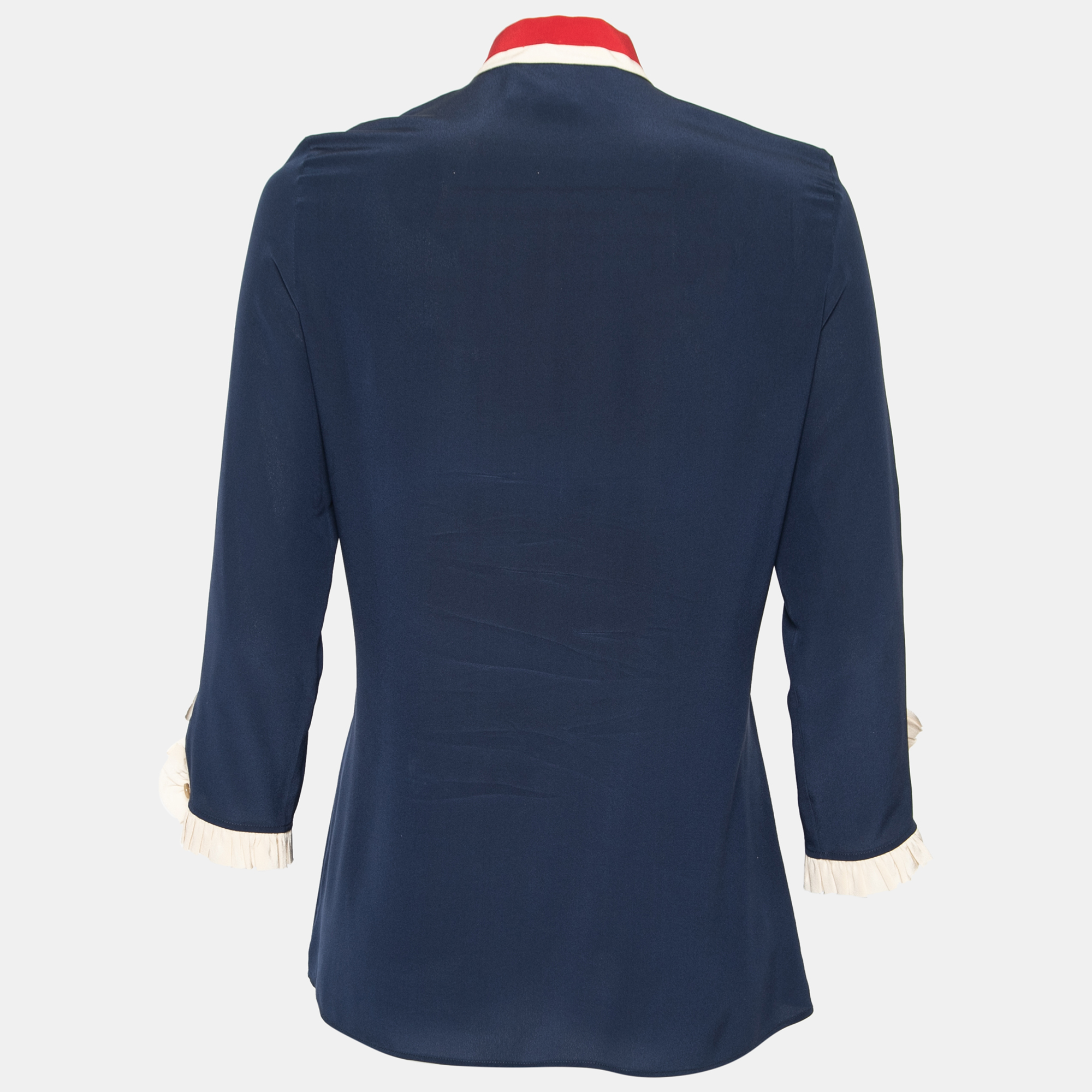 

Gucci Navy Blue Silk Contrast Trim Neck Tie Detail Shirt