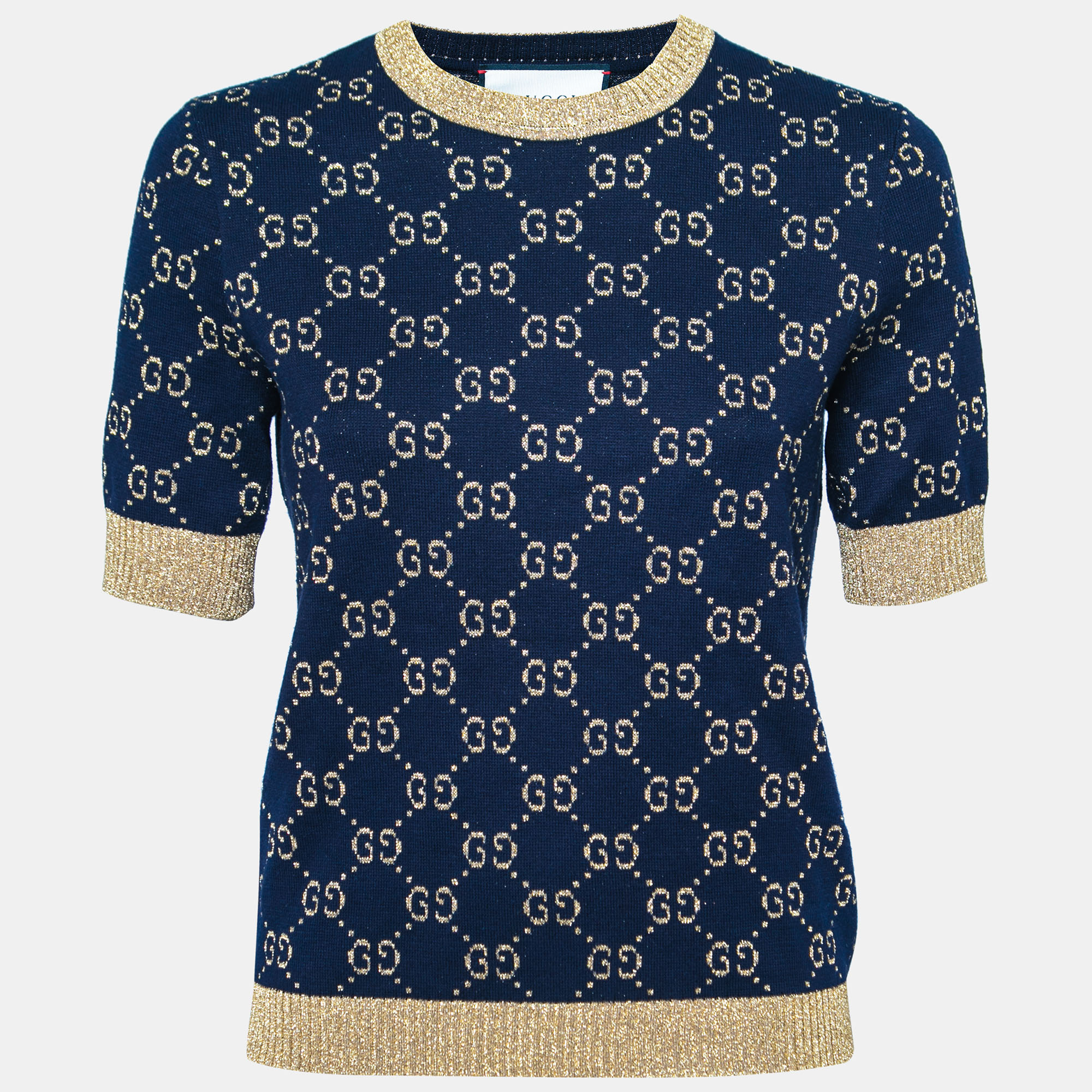 Pre Owned Gucci Navy Blue & Gold GG Lurex Jacquard Cotton Crewneck Jumper M
