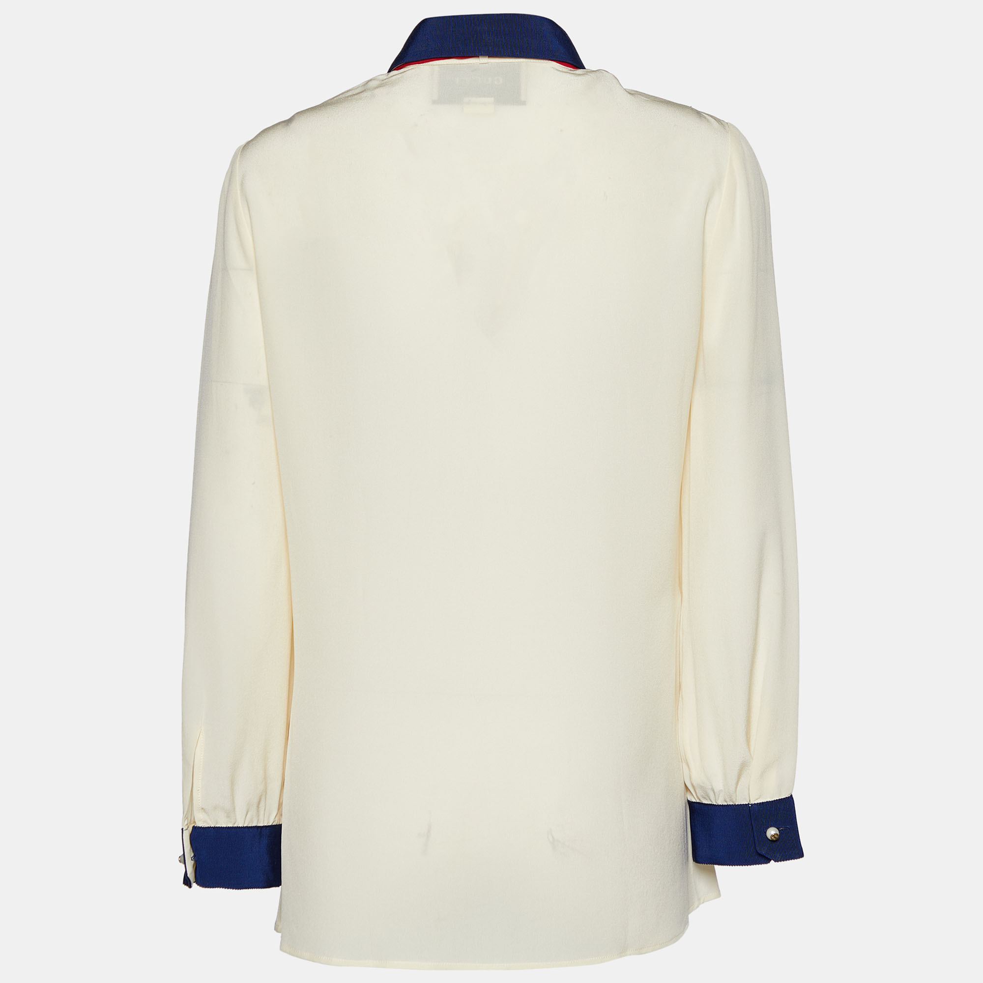 

Gucci Cream Silk Contrast Trim Neck Tie Detail Shirt