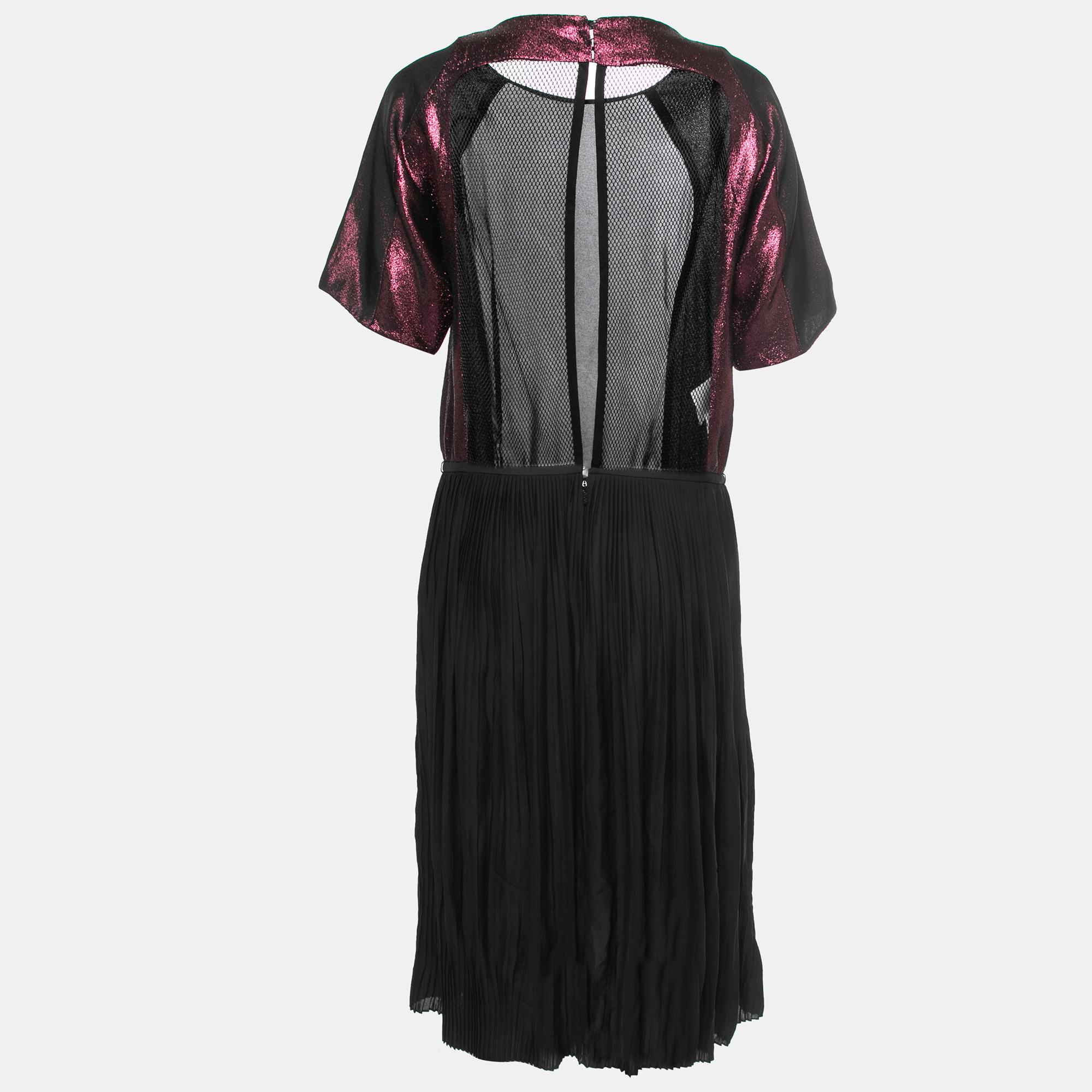 

Gucci Black & Purple Mesh Inset Pleated Silk Midi Dress