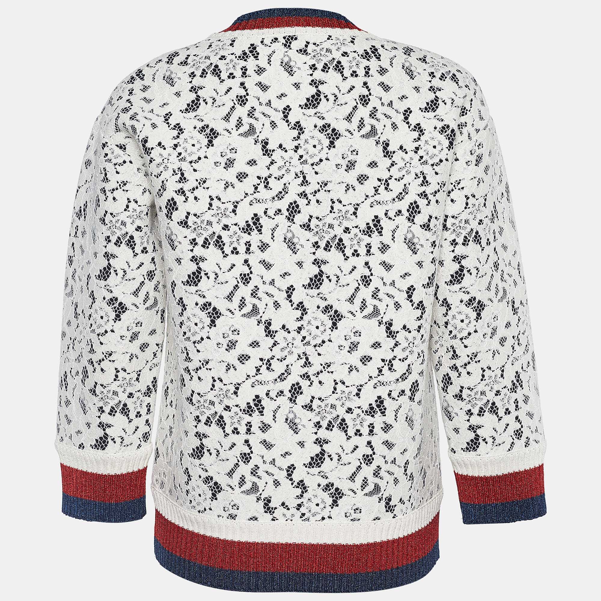 

Gucci Ivory Lace & Neoprene Sylvie Web Trim Sweater, White