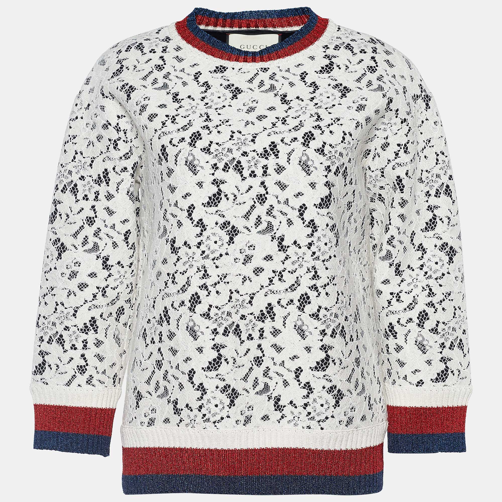 Pre Owned Gucci Ivory Lace & Neoprene Sylvie Web Trim Sweater S
