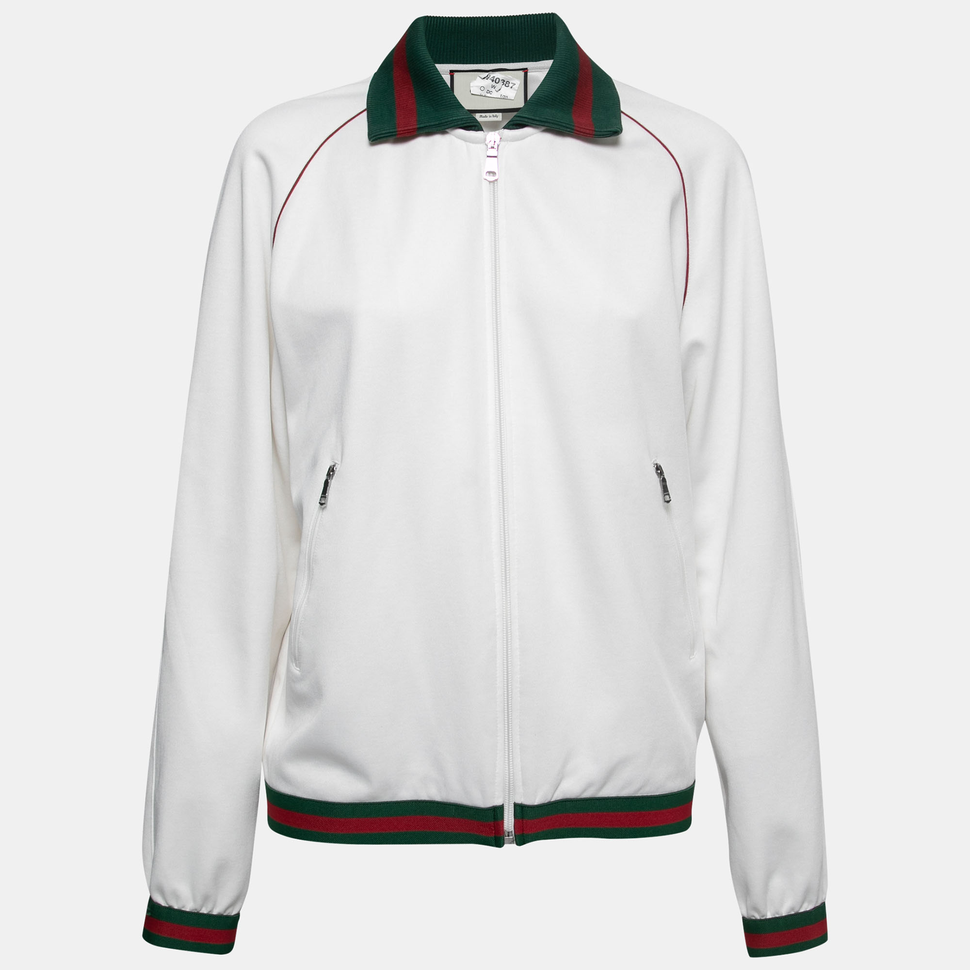 Pre Owned Gucci White Jersey Web Stripe Rib Knit Trimmed Zip Front Jacket S