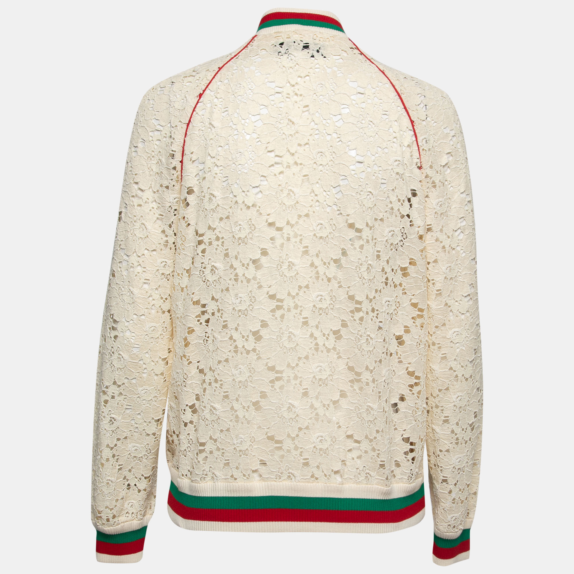 

Gucci Cream Floral Lace Web Stripe Rib Knit Trimmed Zip Front Jacket