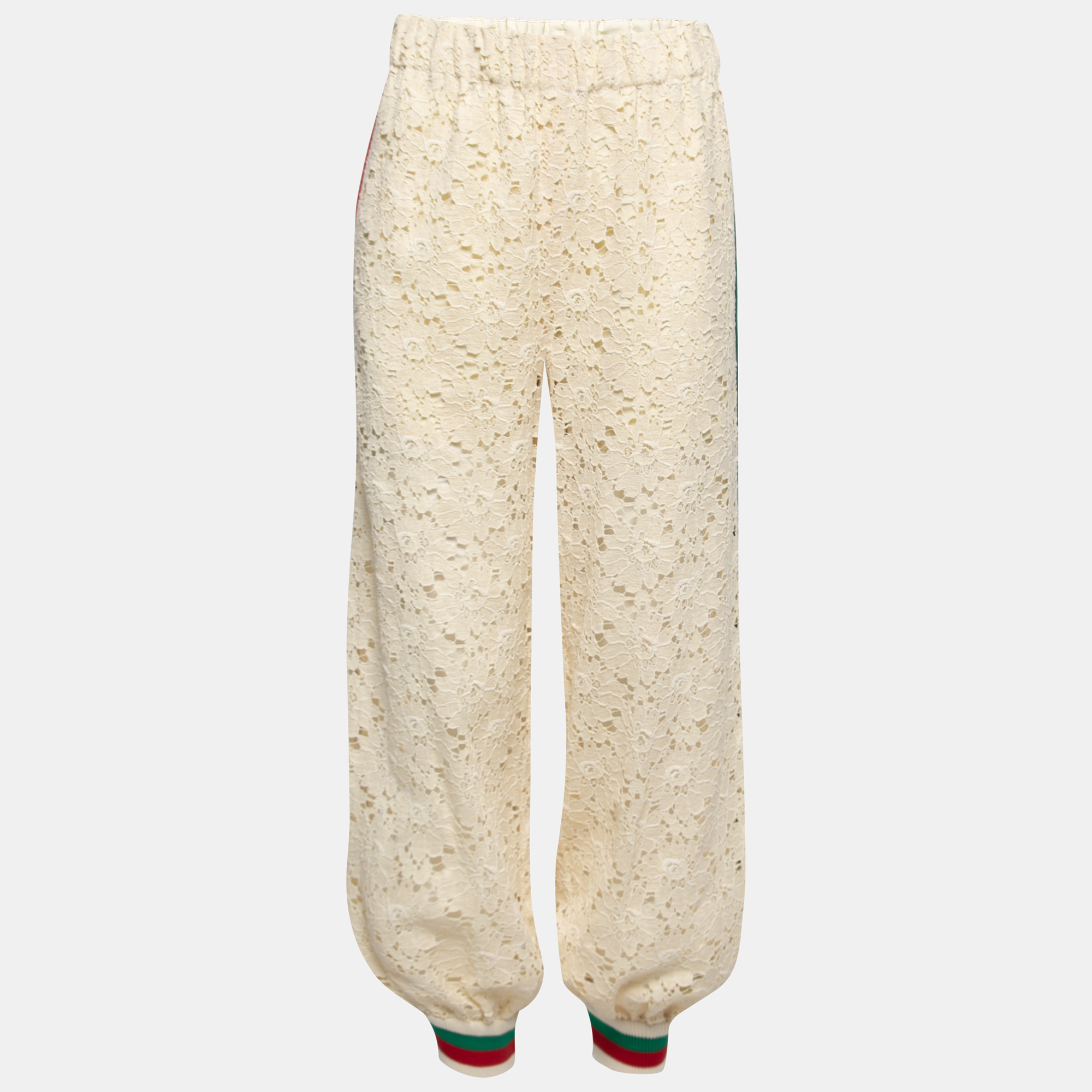 Pre Owned Gucci Cream Lace Web Stripe Rib Knit Trimmed Joggers S