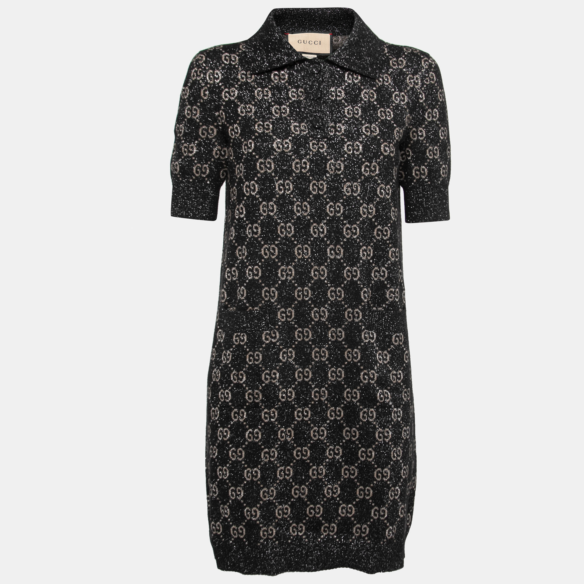 Pre Owned Gucci Black GG Patterned Jacquard Knit GG Polo Dress M