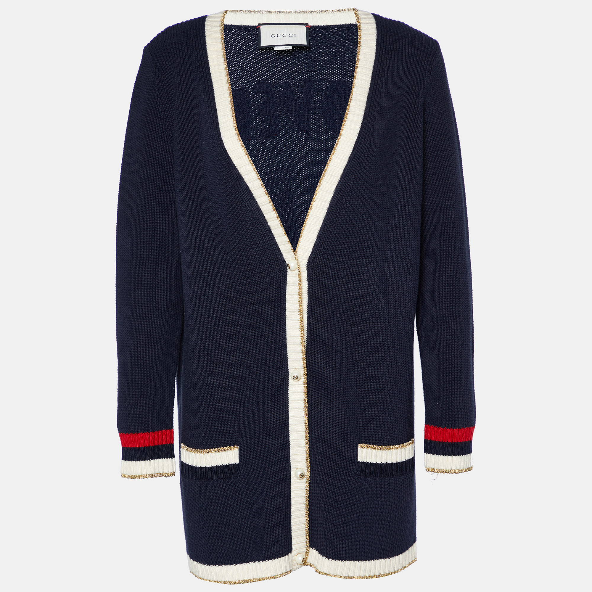 Pre Owned Gucci Navy Blue Cotton Knit Embroidery Detail Cardigan L
