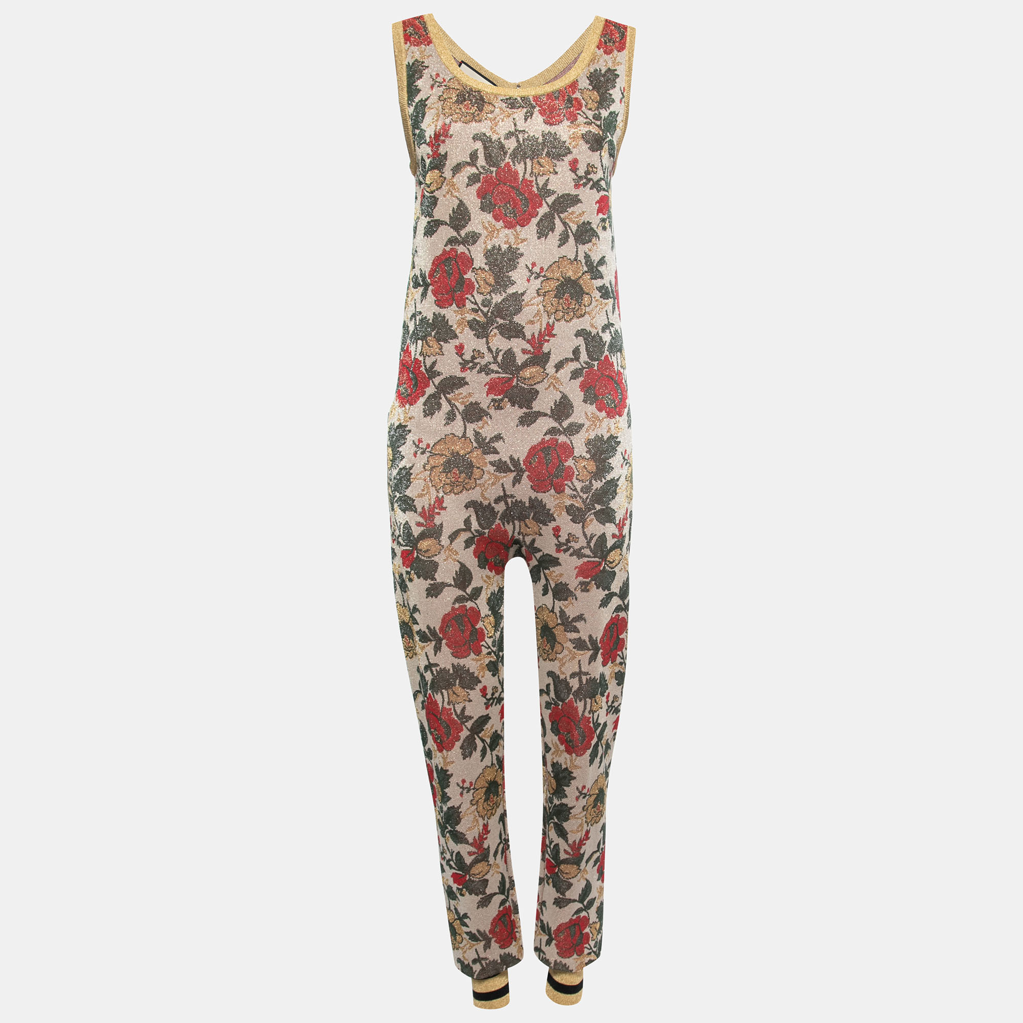 

Gucci Gold Multicolor Floral Lurex Knit Jumpsuit L