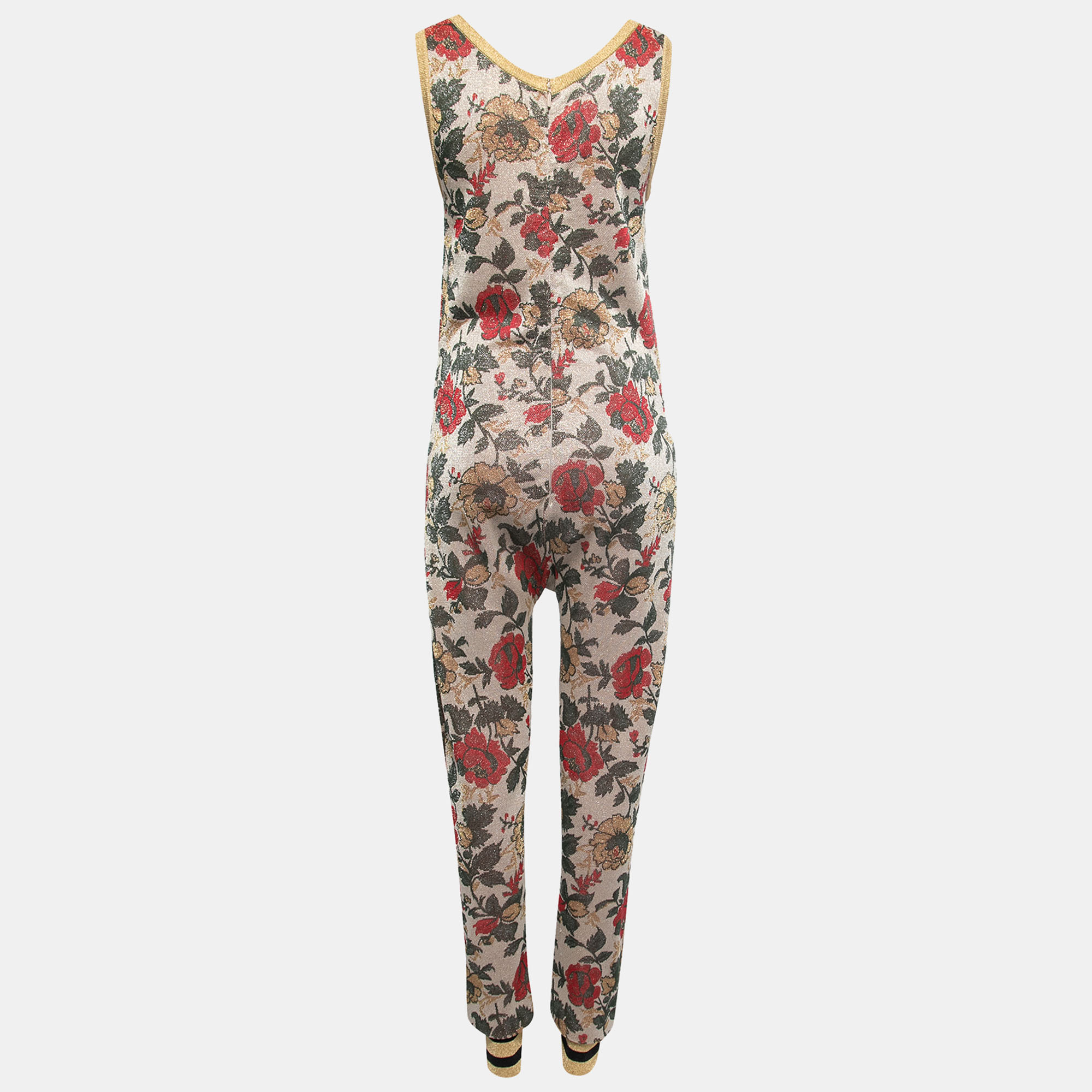 Gucci Gold Multicolor Floral Lurex Knit Jumpsuit L 