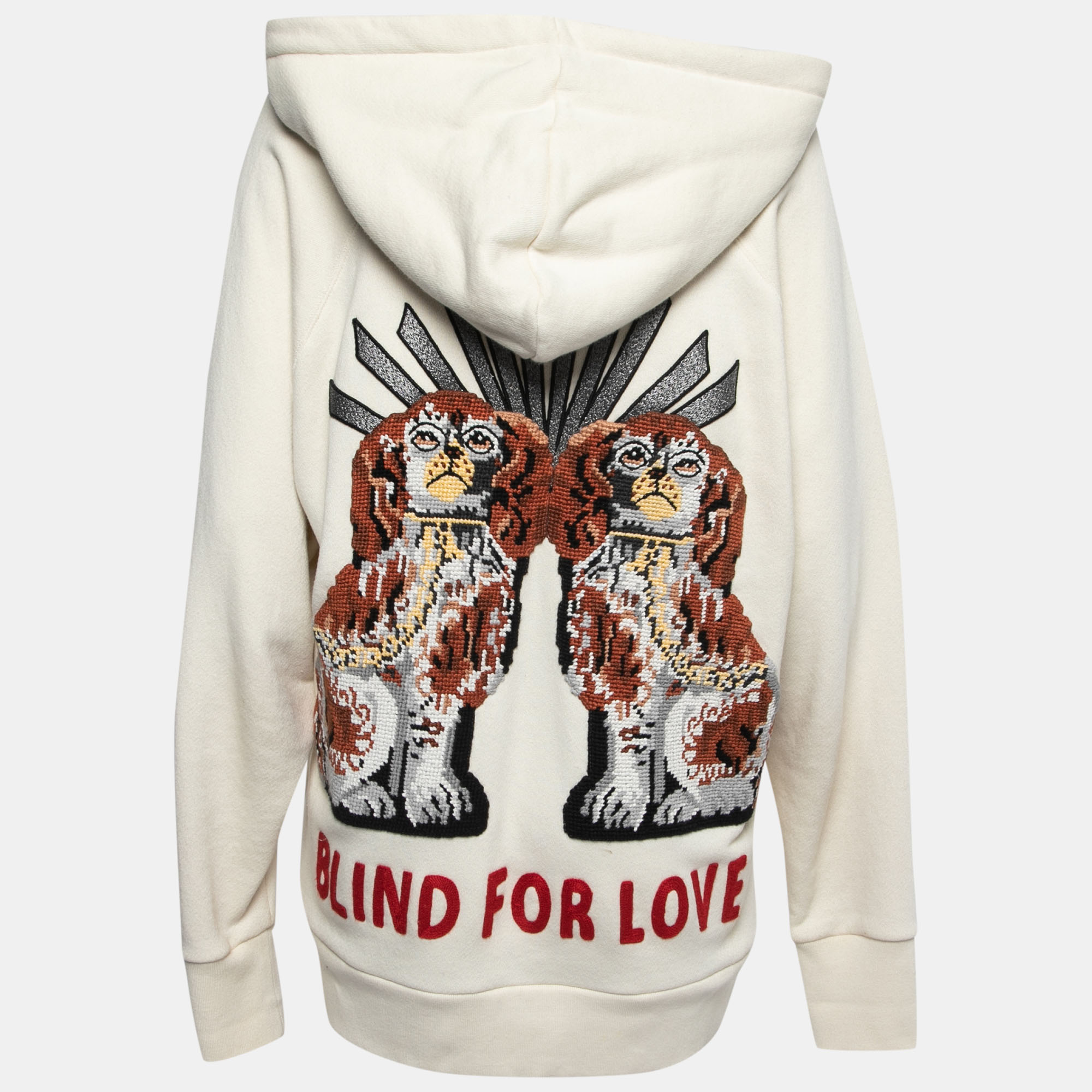 Gucci Cream Cotton Blind for Love Dogs Embroidered Hooded Sweatshirt M 