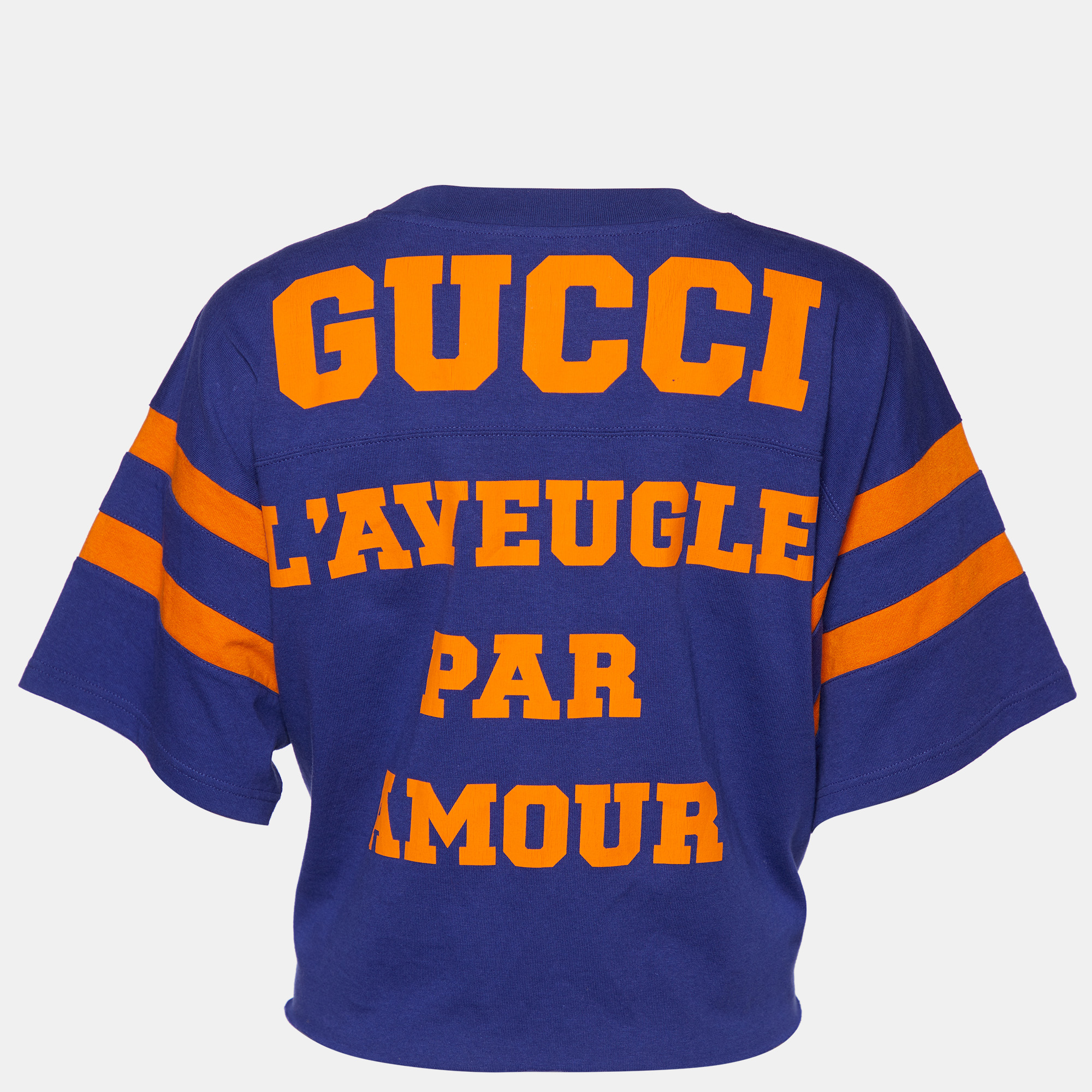 

Gucci Blue 1921 L'aveugle Par Amour Printed Cotton Crop Top, Navy blue