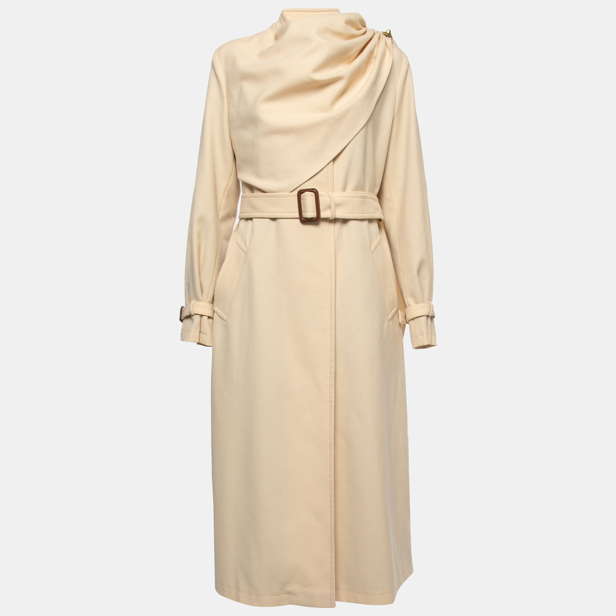Pre-owned Gucci Beige Wool Draped Belted Layered Coat S