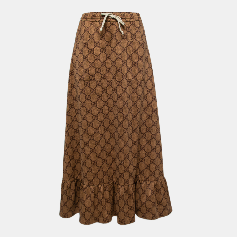 Pre Owned Gucci Brown GG Monogram Jersey Ruffled Hem Midi Skirt XS