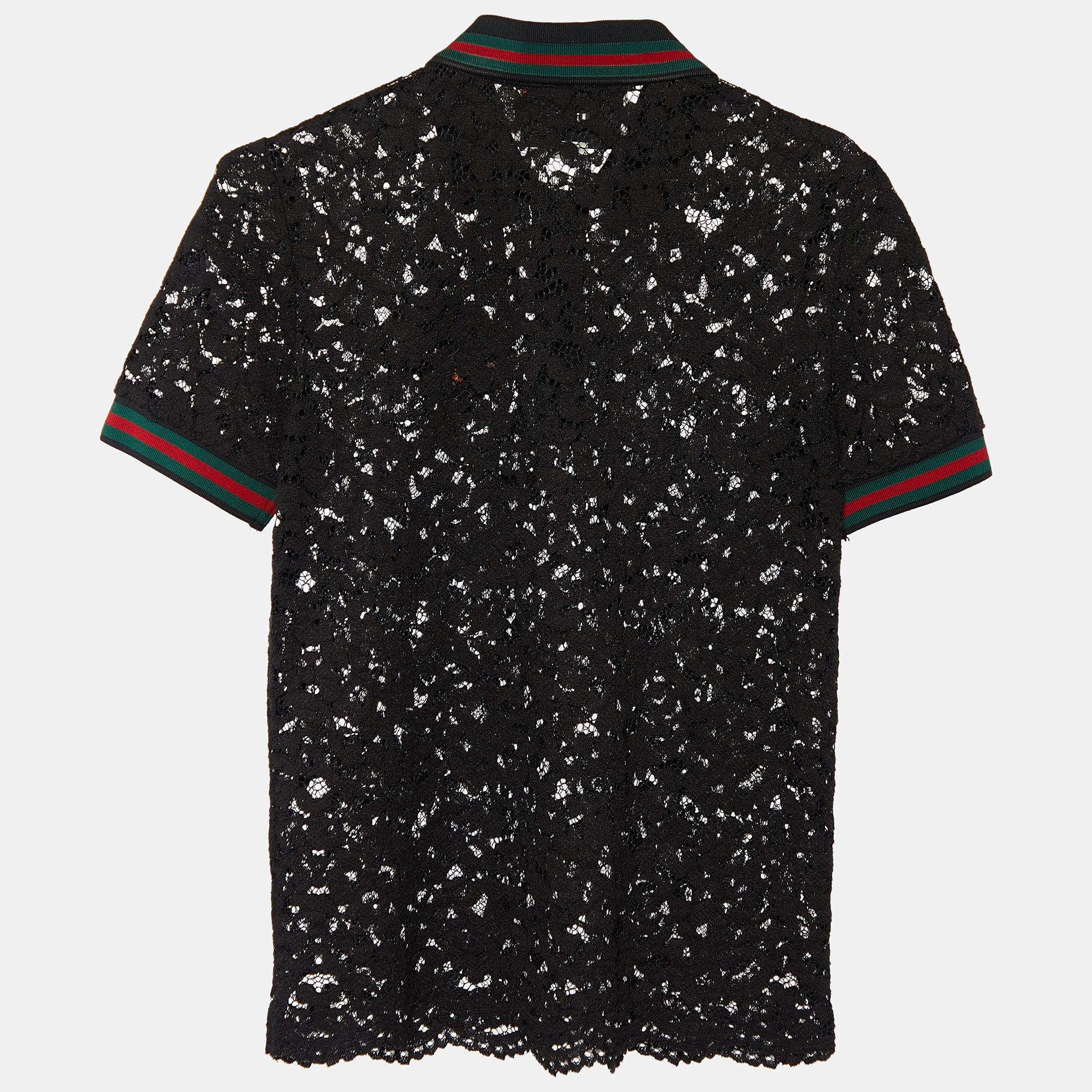 

Gucci Black Lace Floral Embroidered Polo T-Shirt