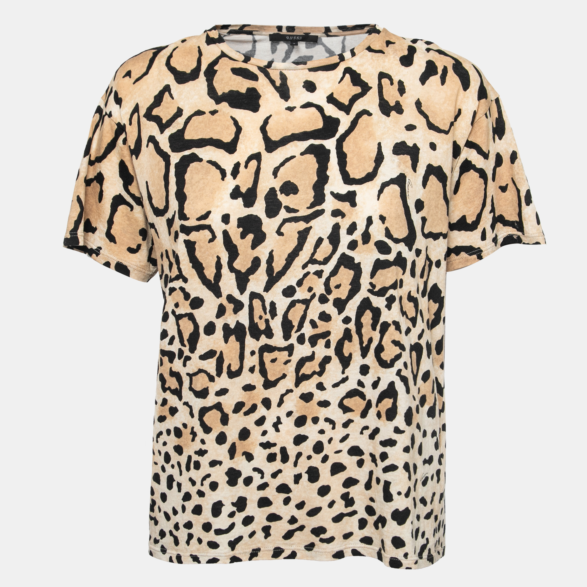 GUCCI Pre-owned Beige Leopard Printed Cotton Short Sleeve T-shirt S