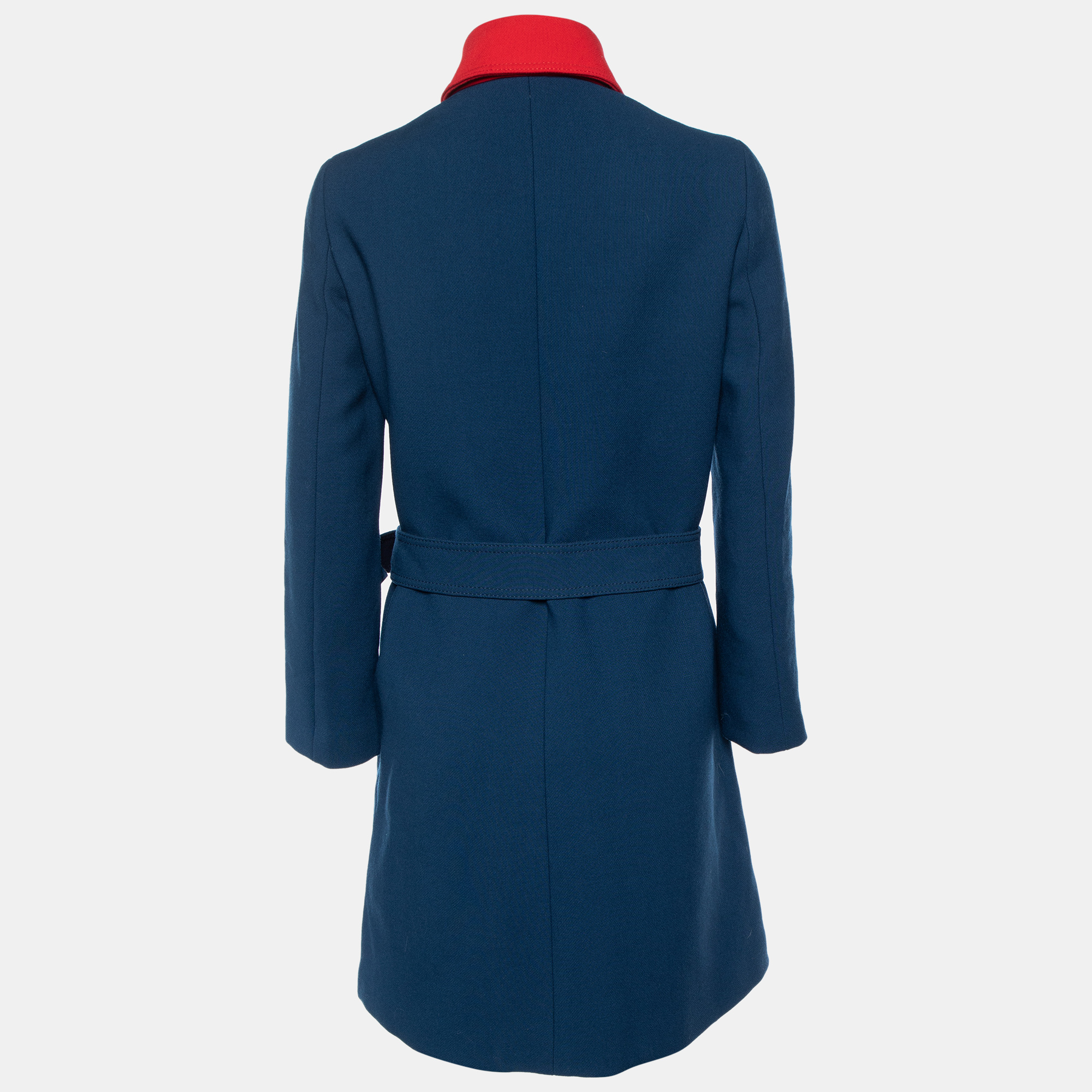 

Gucci Color Block Wool Belted Button Front Coat, Navy blue