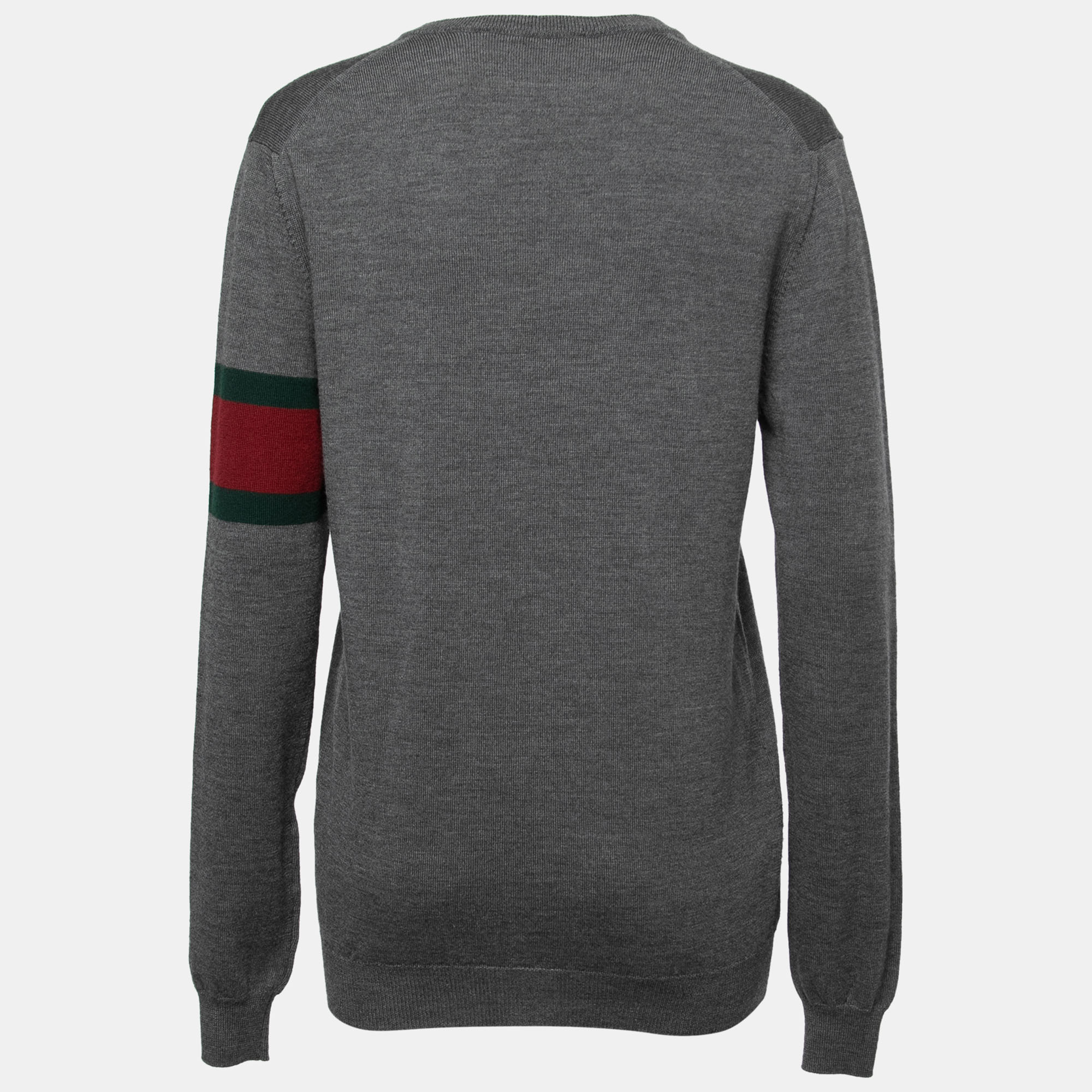 

Gucci Grey Wool Knit Web Detail Sleeve V Neck Sweater