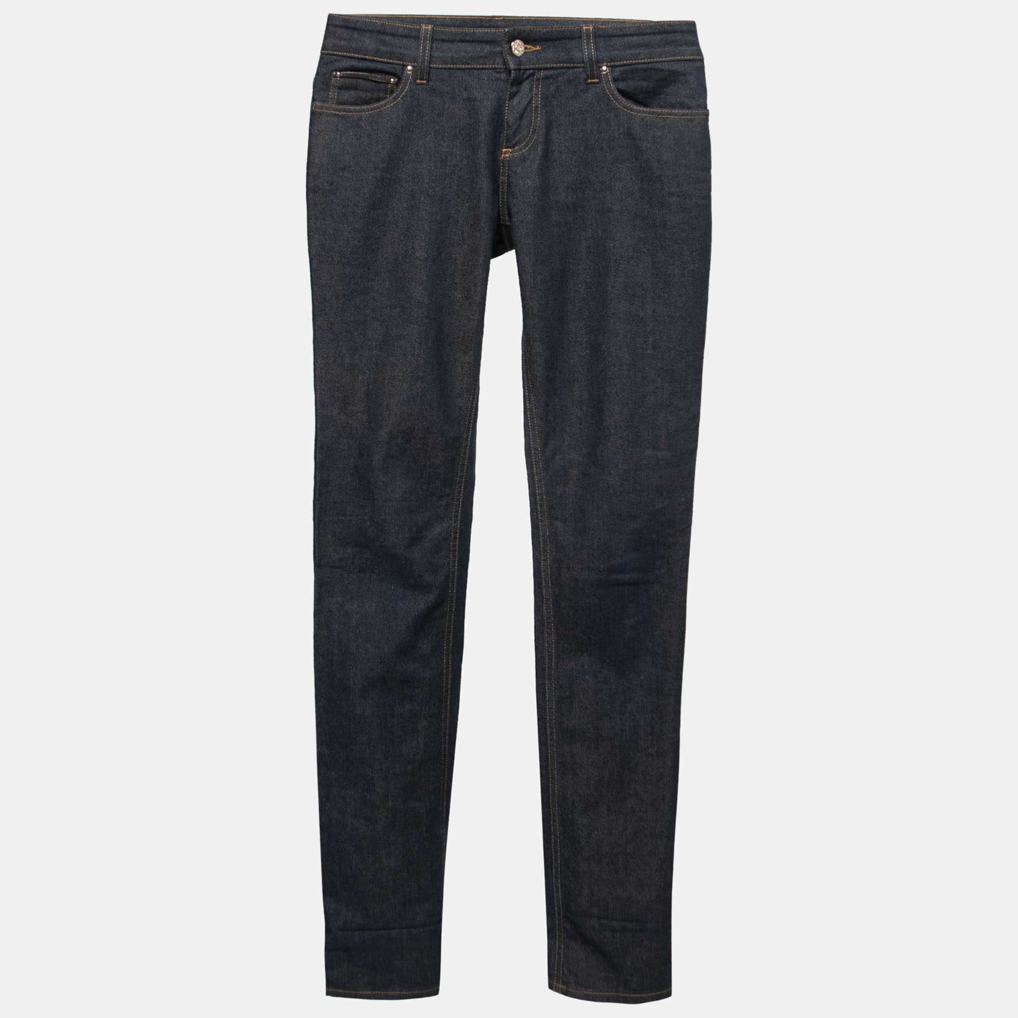 Pre-owned Gucci Dark Blue Denim Web Cuff Detail Slim Fit Jeans S/waist 30" In Navy Blue