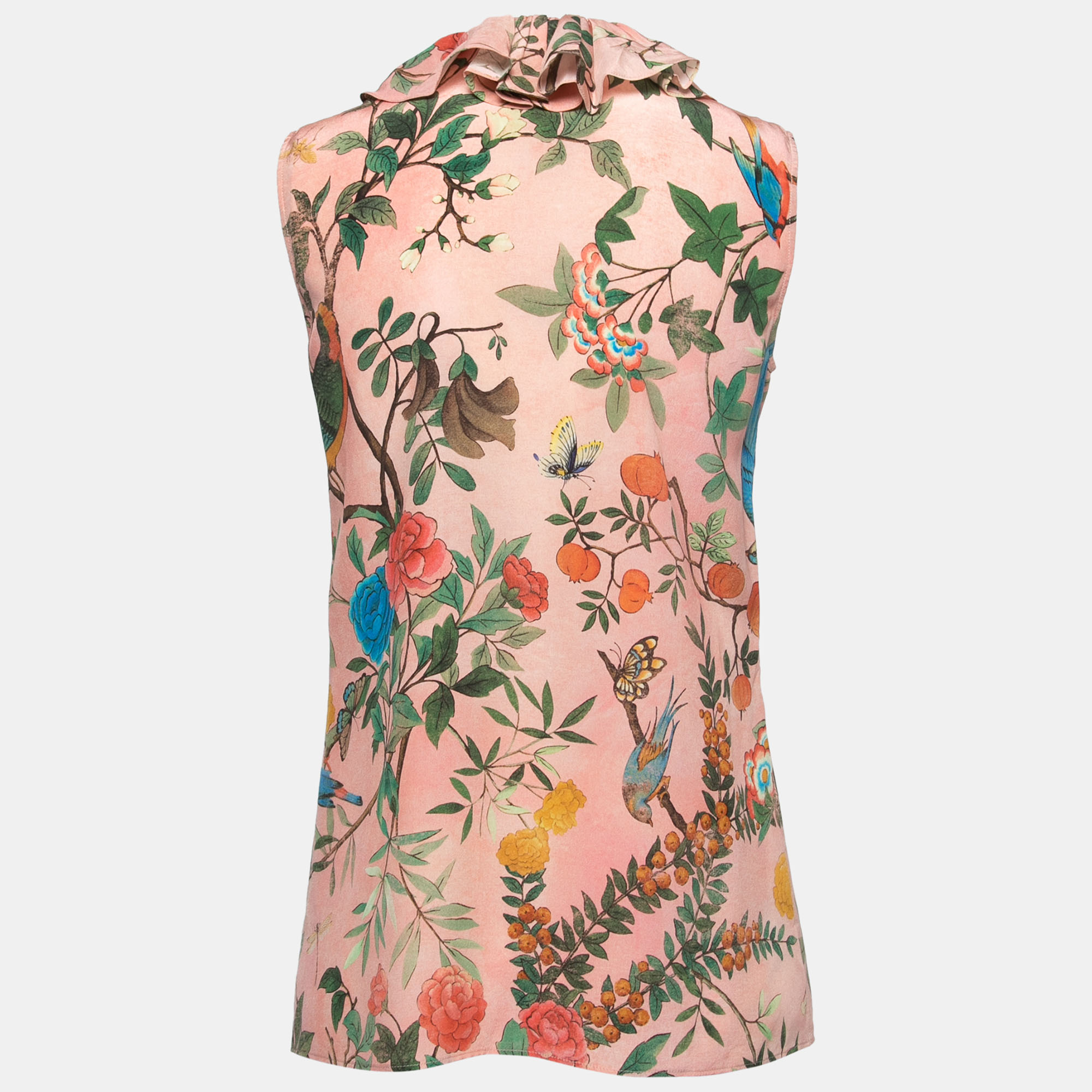 

Gucci Pink Floral Printed Silk Ruffled Tie Neck Top