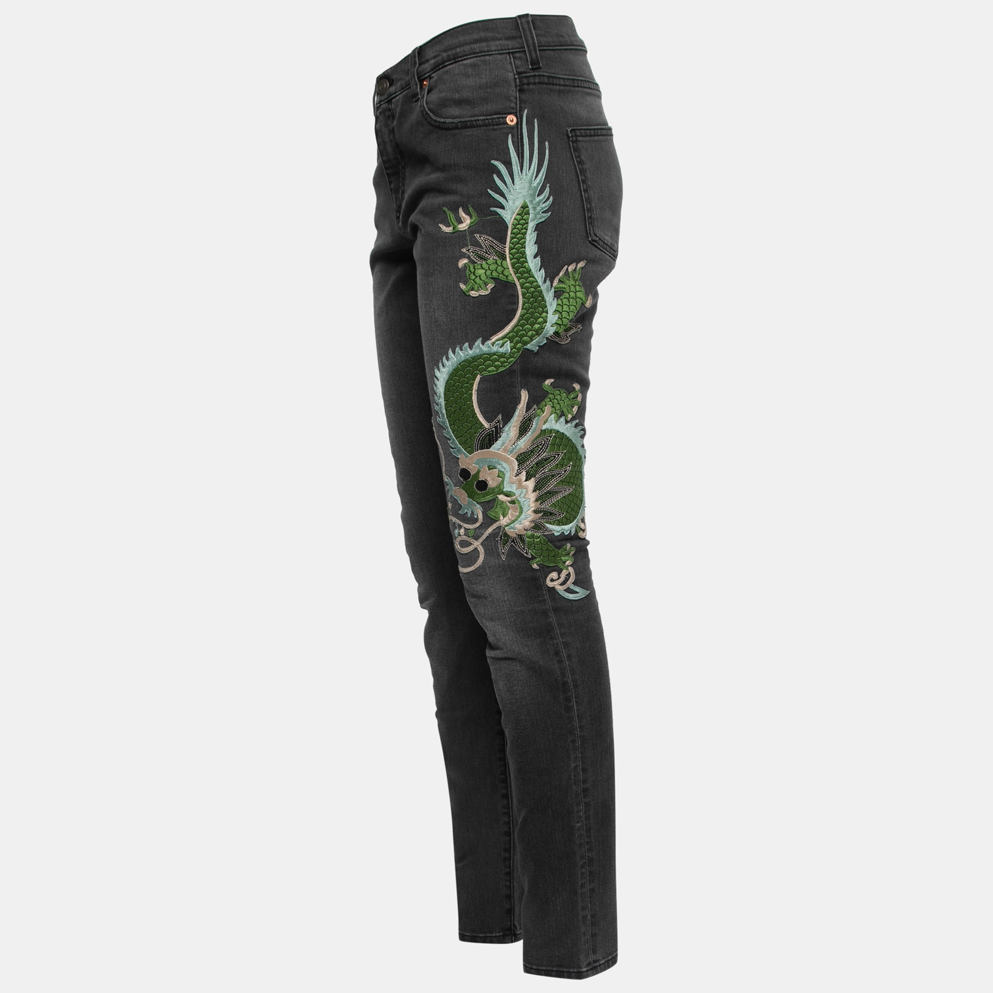 

Gucci Grey Dragon Embroidered Denim Skinny Jeans