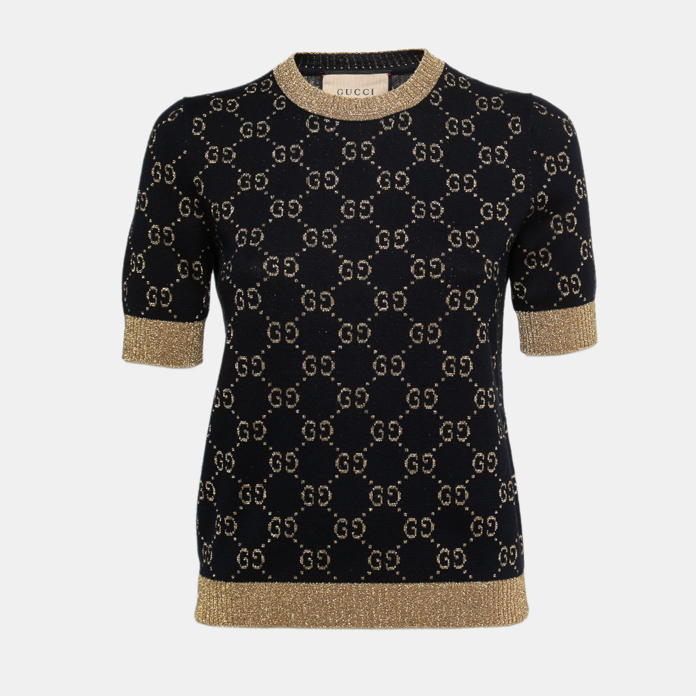 Pre Owned Gucci Navy Blue GG Motif Lurex Knit Top S