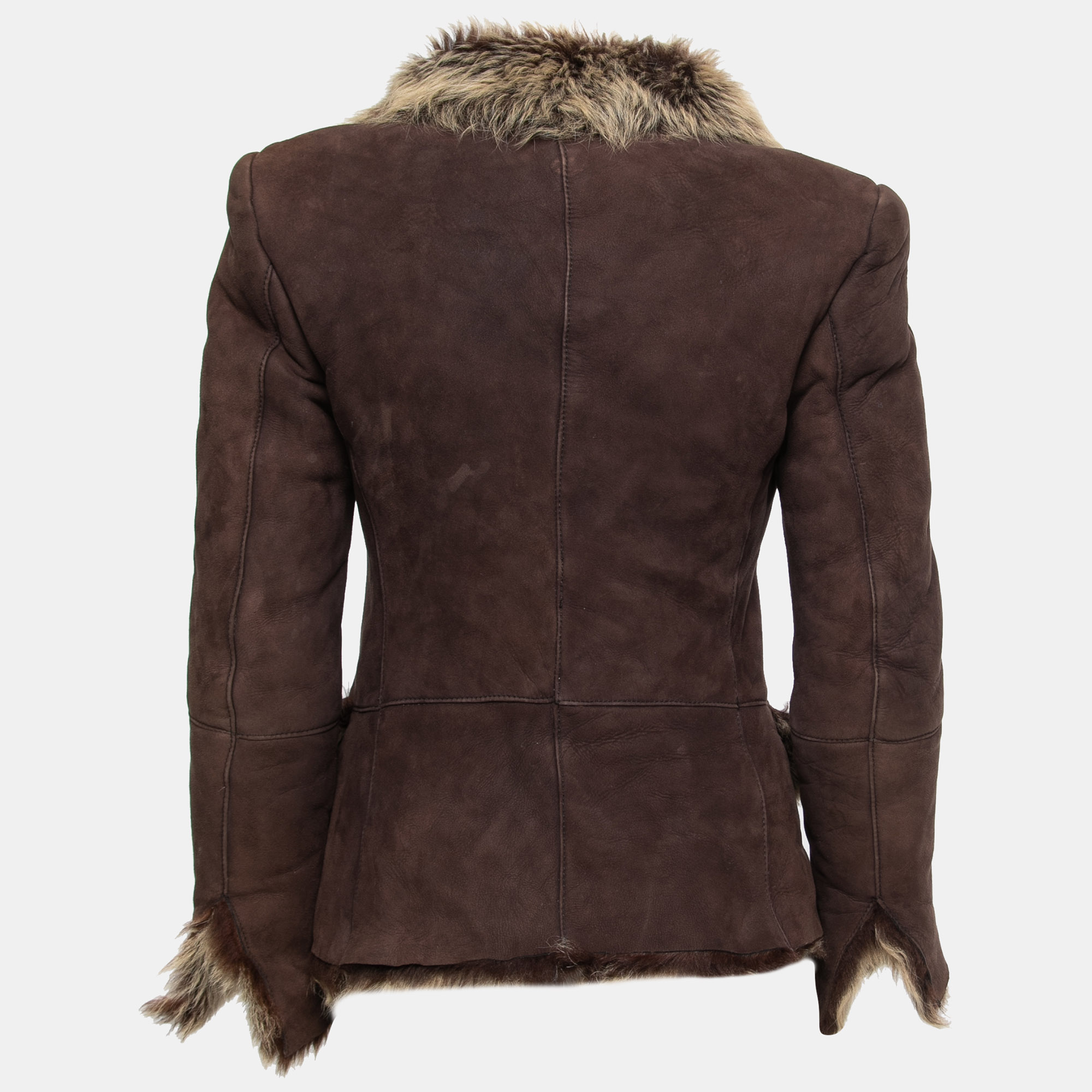 

Gucci Vintage Brown Leather Fur Trimmed Button Front Jacket