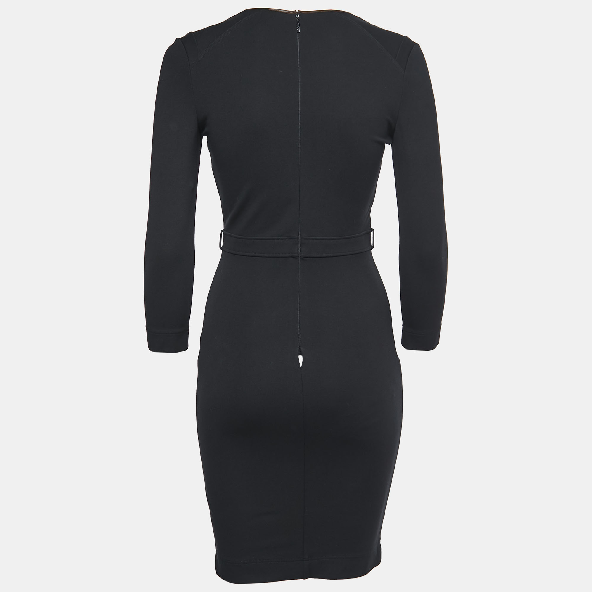 

Gucci Black Stretch Knit Leather Trimmed Short Sheath Dress