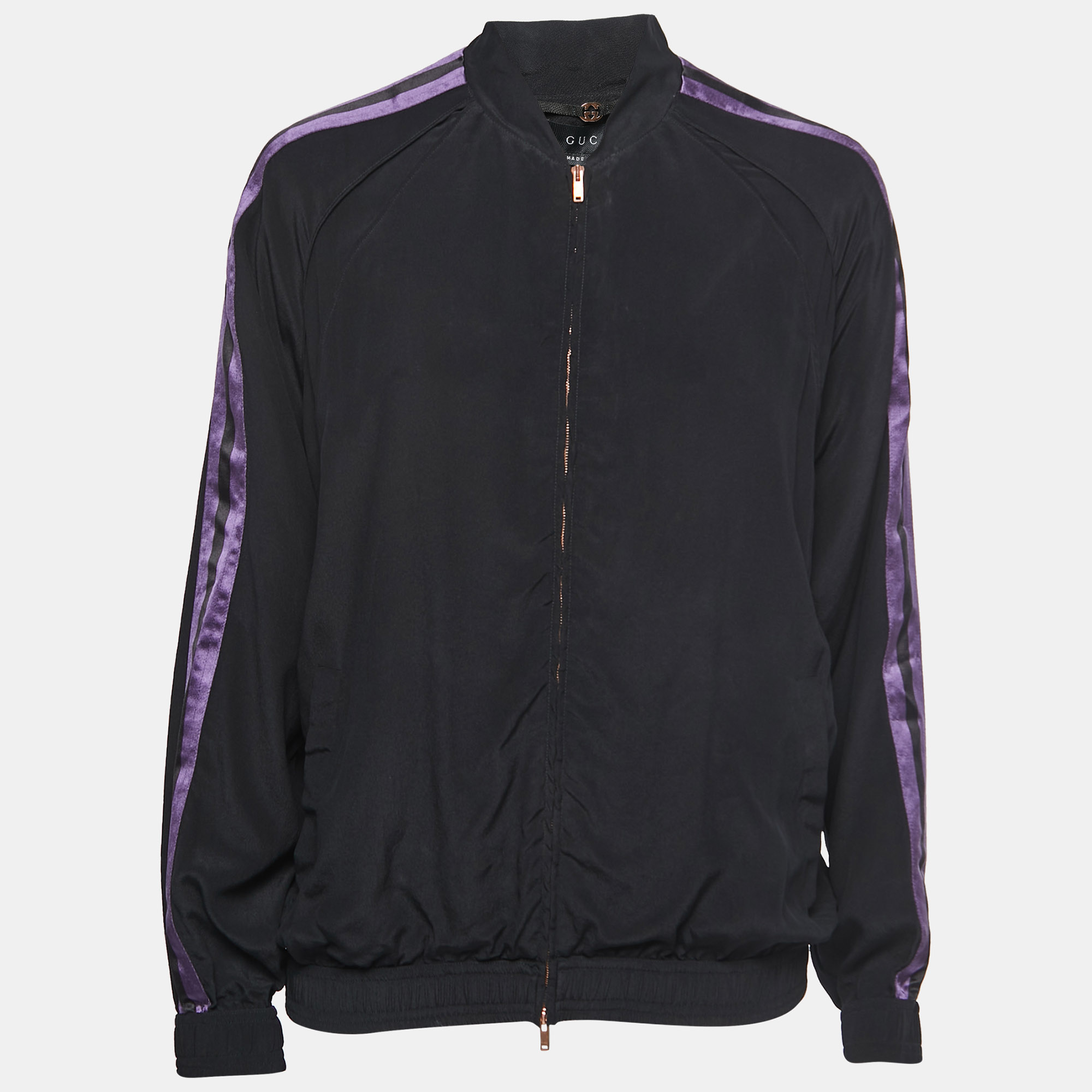 Pre-owned Gucci Black/purple Stripe Detailed Silk Zip Front Jacket S