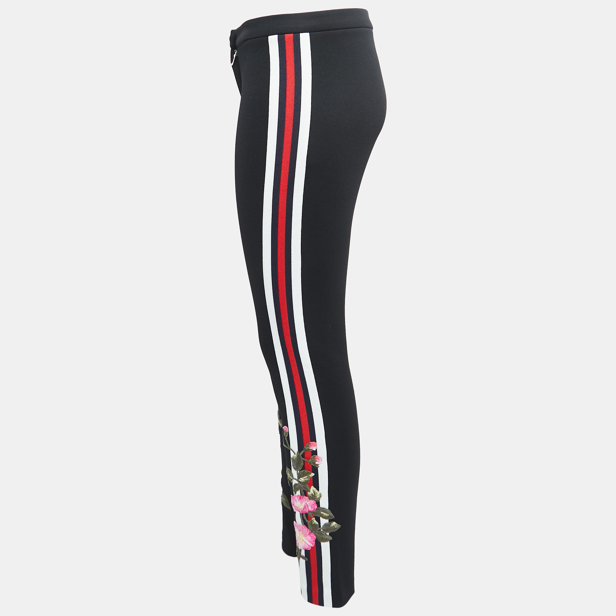 

Gucci Black Jersey Rose Applique Stripe Detail Leggings