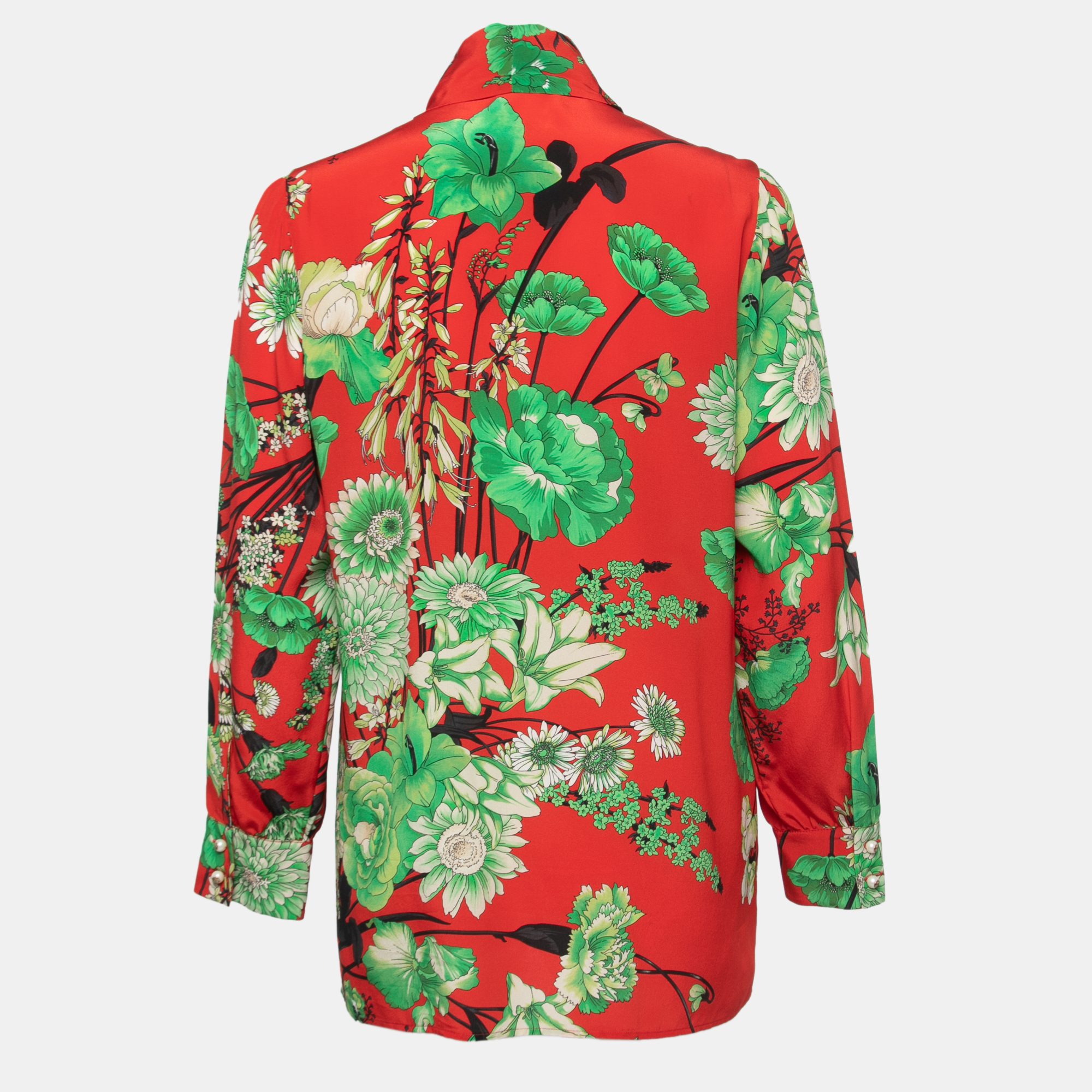 

Gucci Red Floral Printed Silk Button Front Tie Neck Blouse