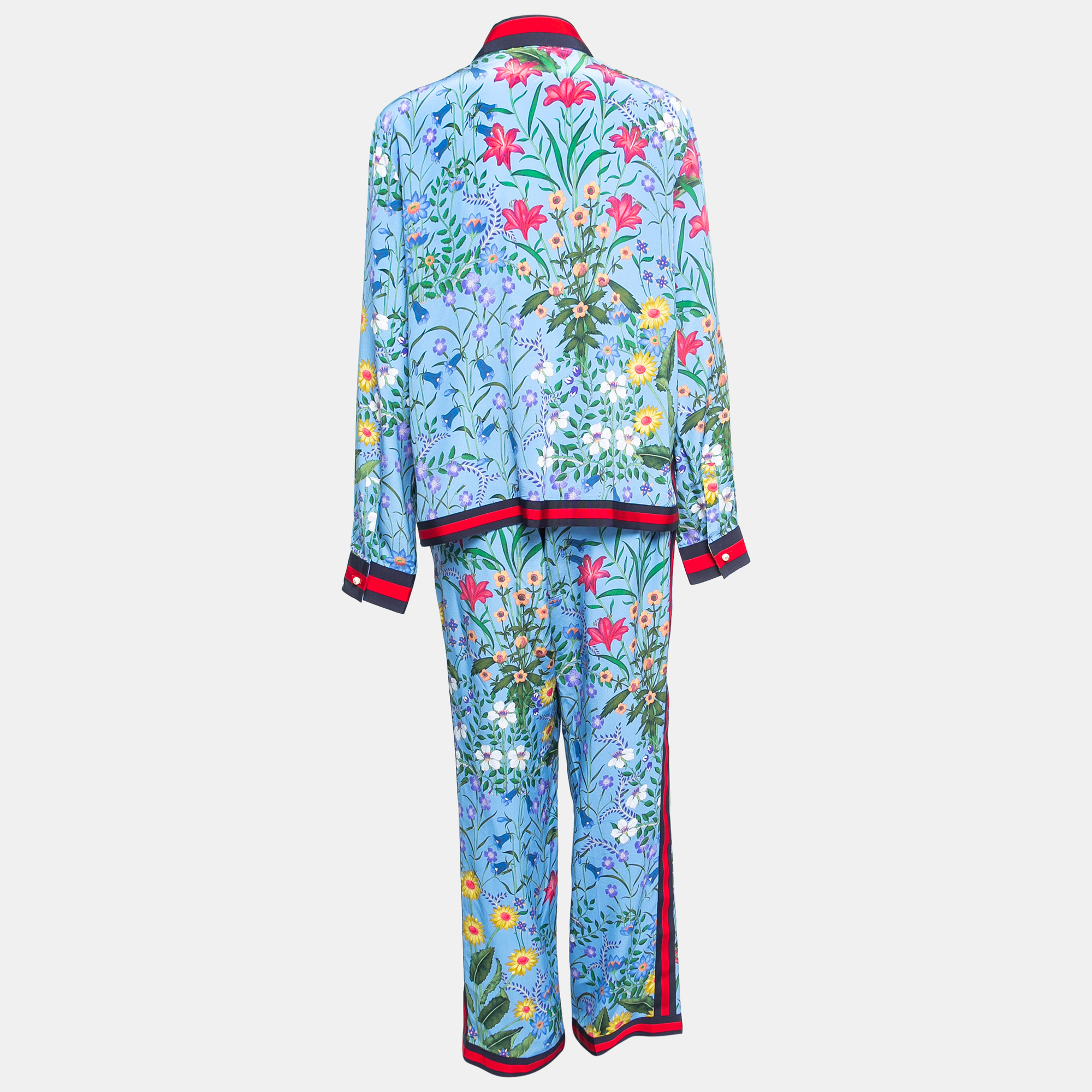 

Gucci Blue Floral Print Silk Web Detail Tops and Pant Set /M