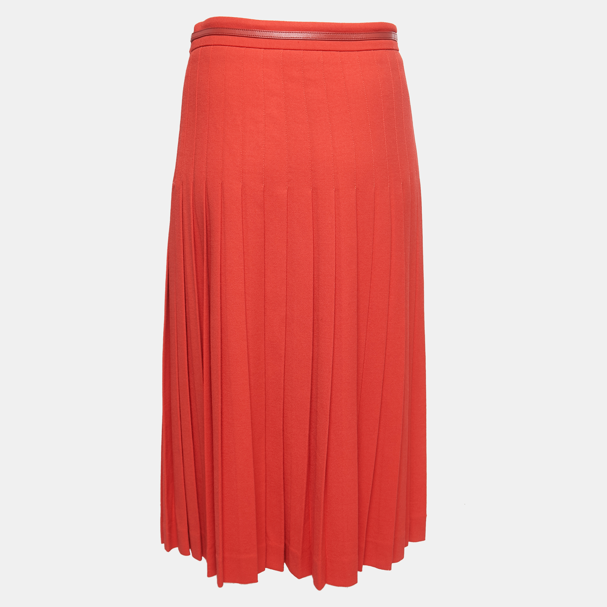 

Gucci Red Wool Leather Trim Belt Detail Pleated Midi Skirt