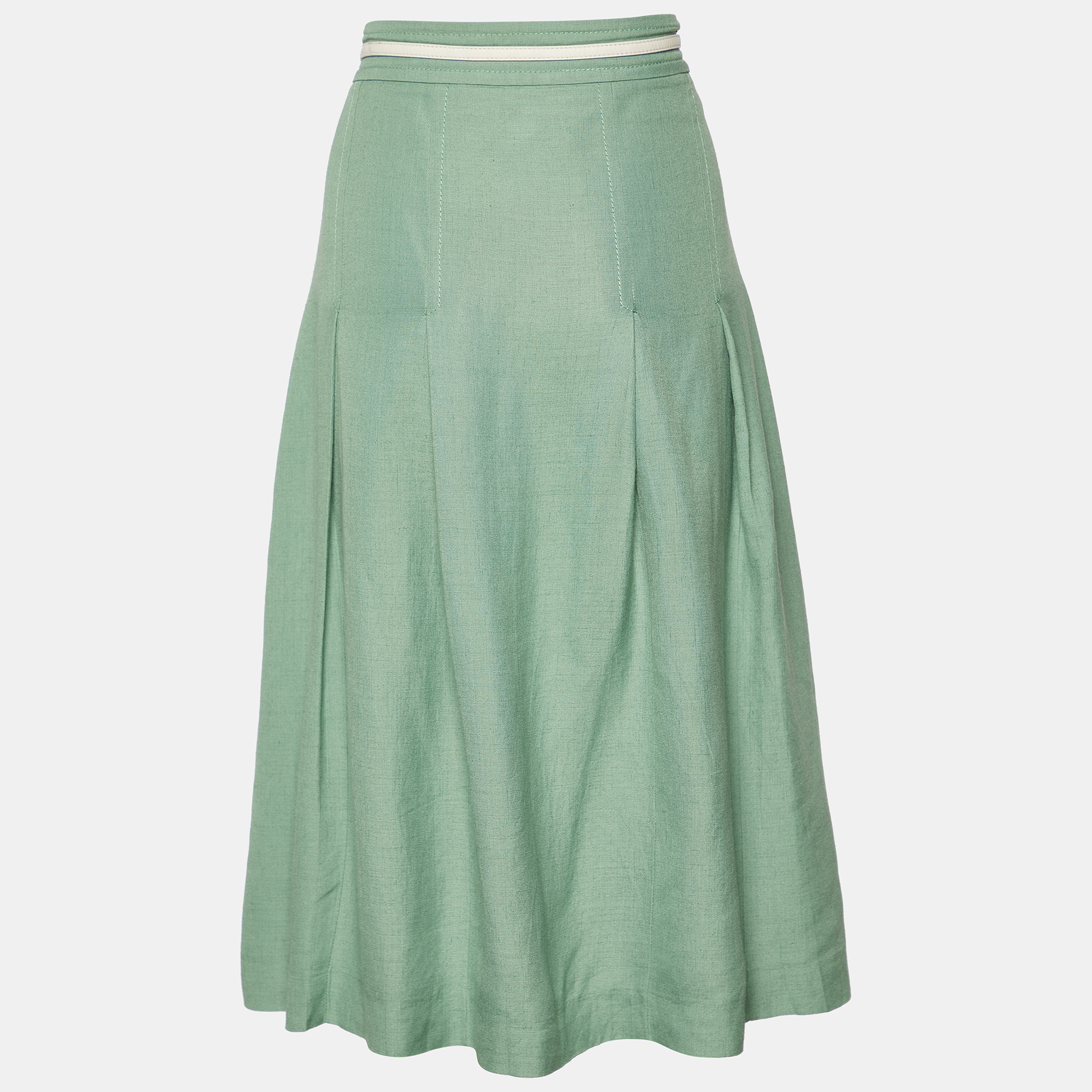 

Gucci Green Linen Blend Leather Belt Detail Pleated Midi Skirt