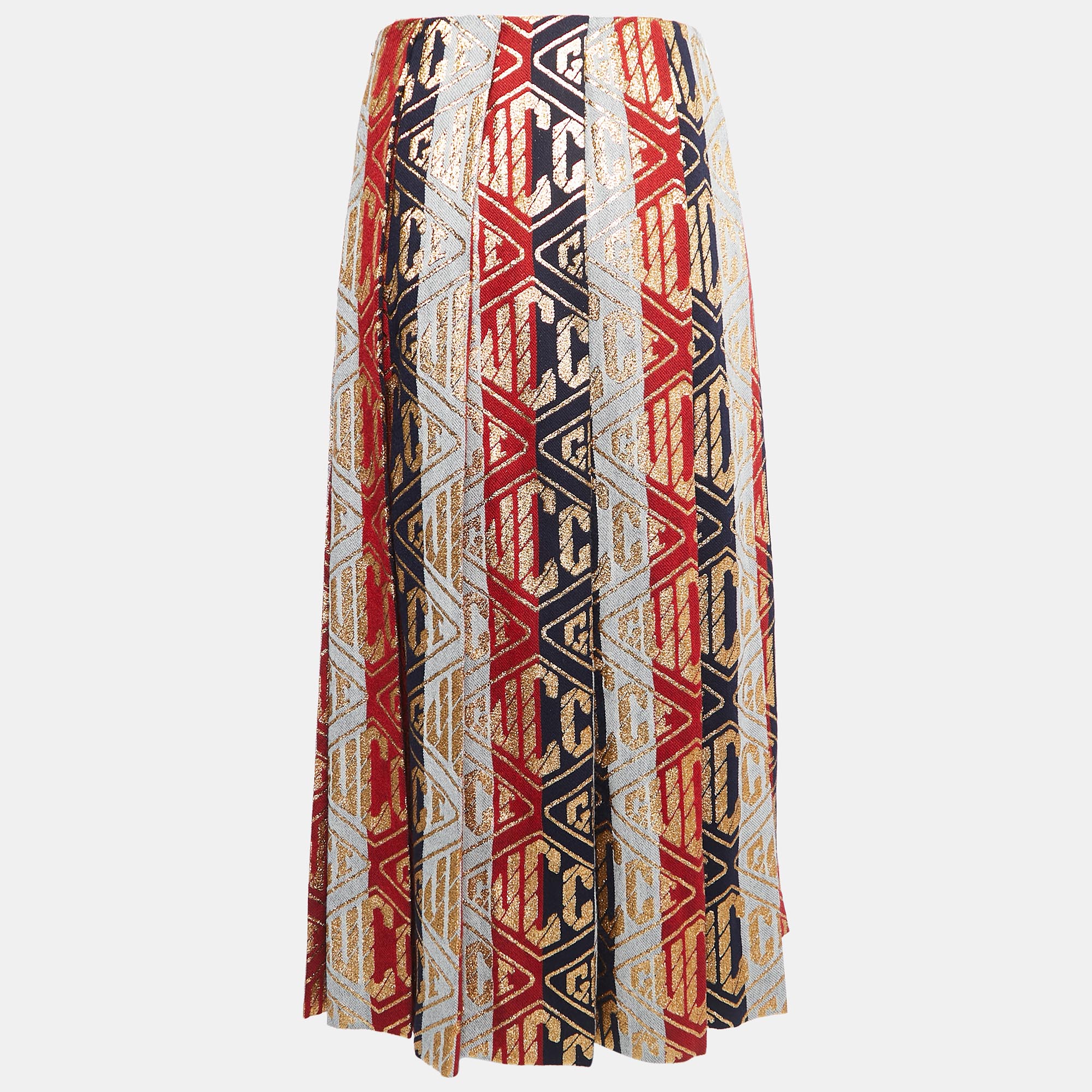 

Gucci Red/Blue All Over Logo Lurex Wool Pleated Midi Skirt