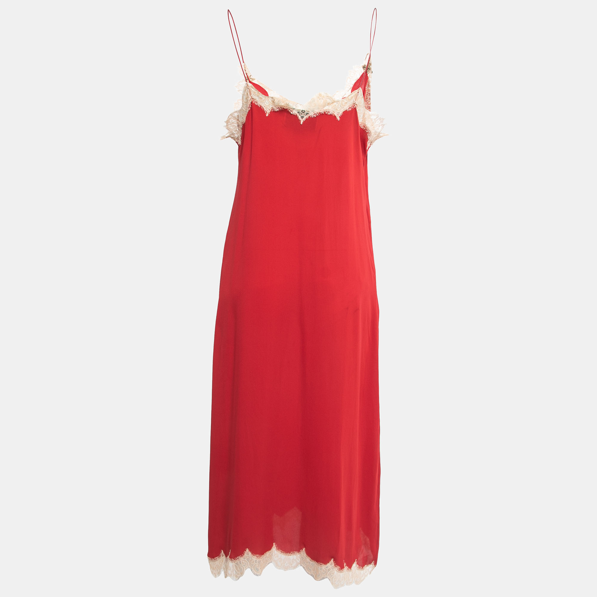 

Gucci Red Silk Satin Lace Trimmed Bee Applique Detail Strappy Midi Dress