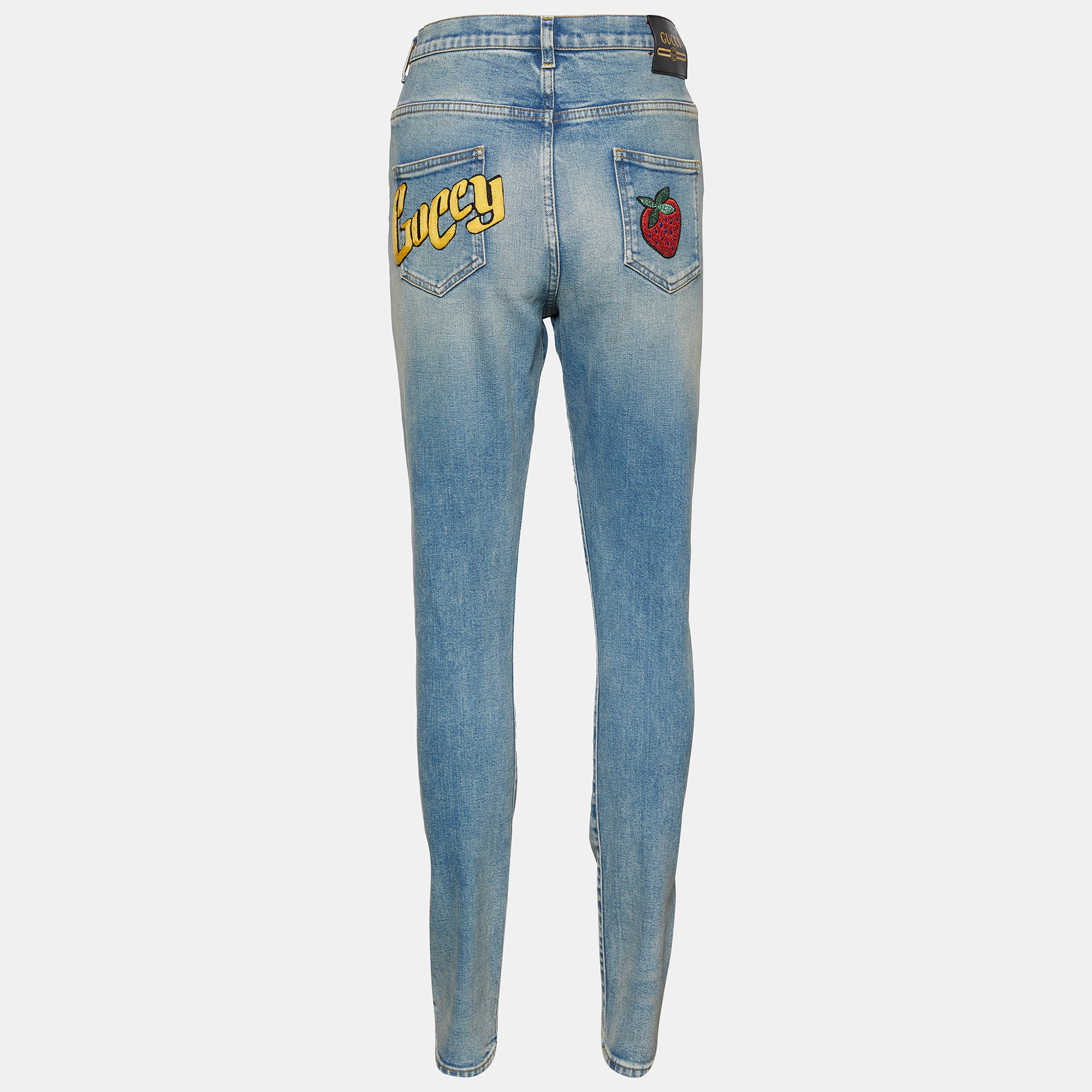 

Gucci Blue Denim Guccy Applique Tapered Leg Jeans  Waist 31