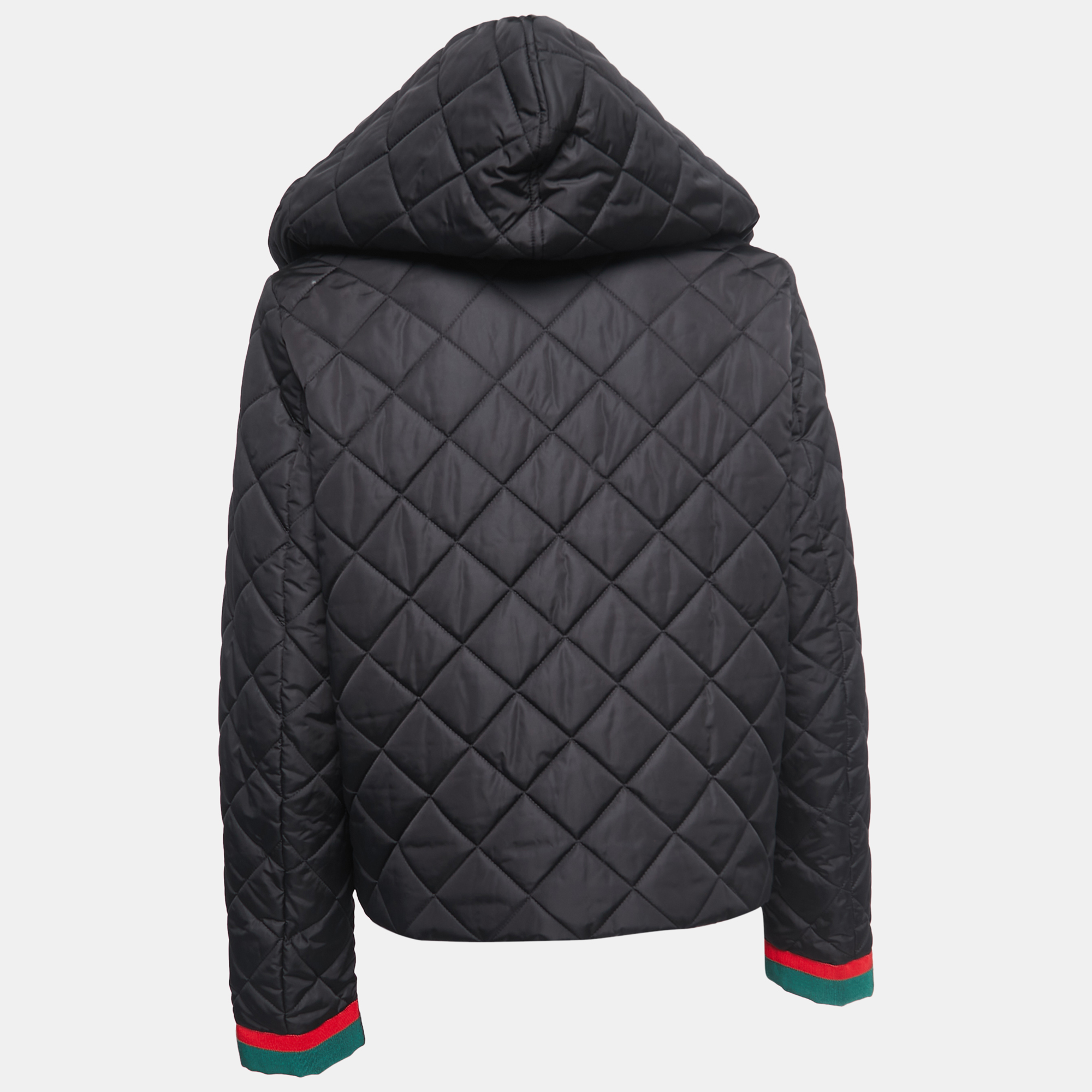 

Gucci Black Quilted Nylon Wed Detail Button Front Hooded Jacket