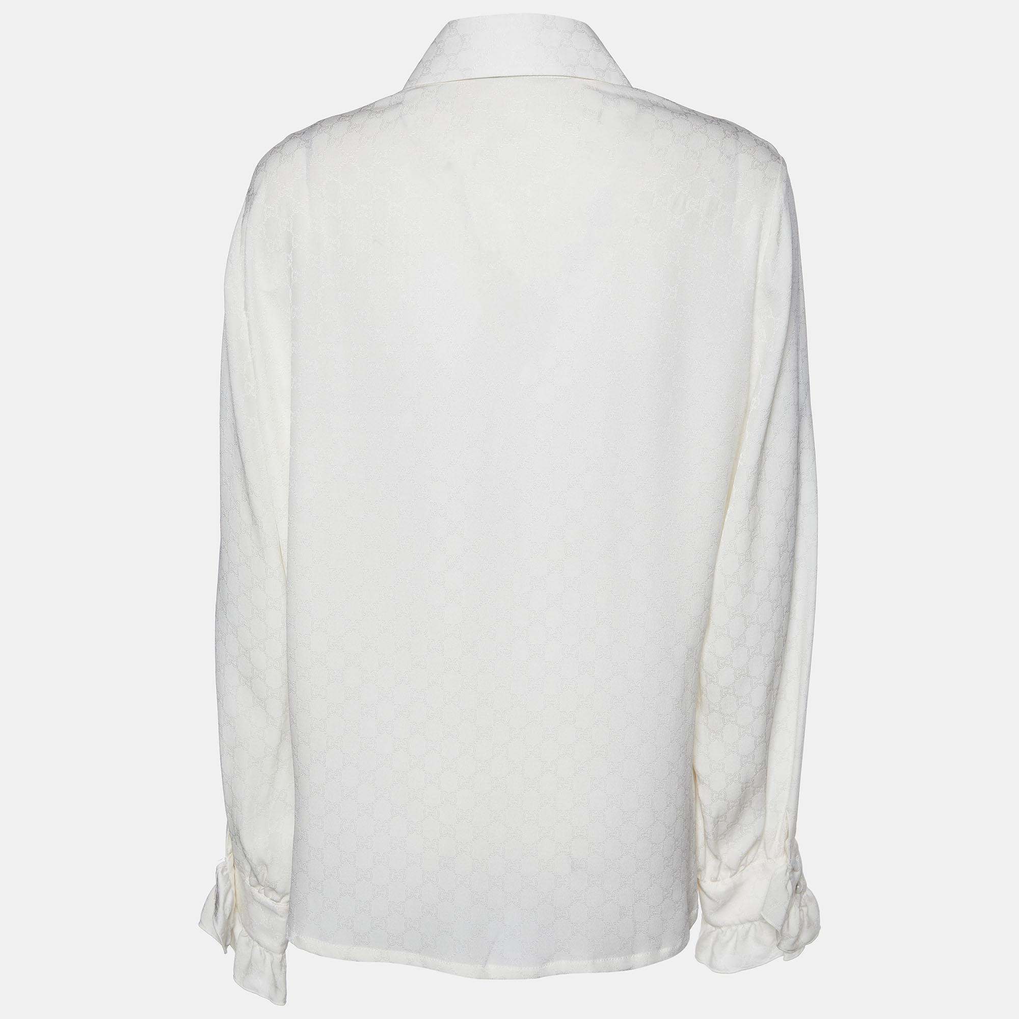 

Gucci White Logo Jacquard Silk Ruffle Detail Shirt