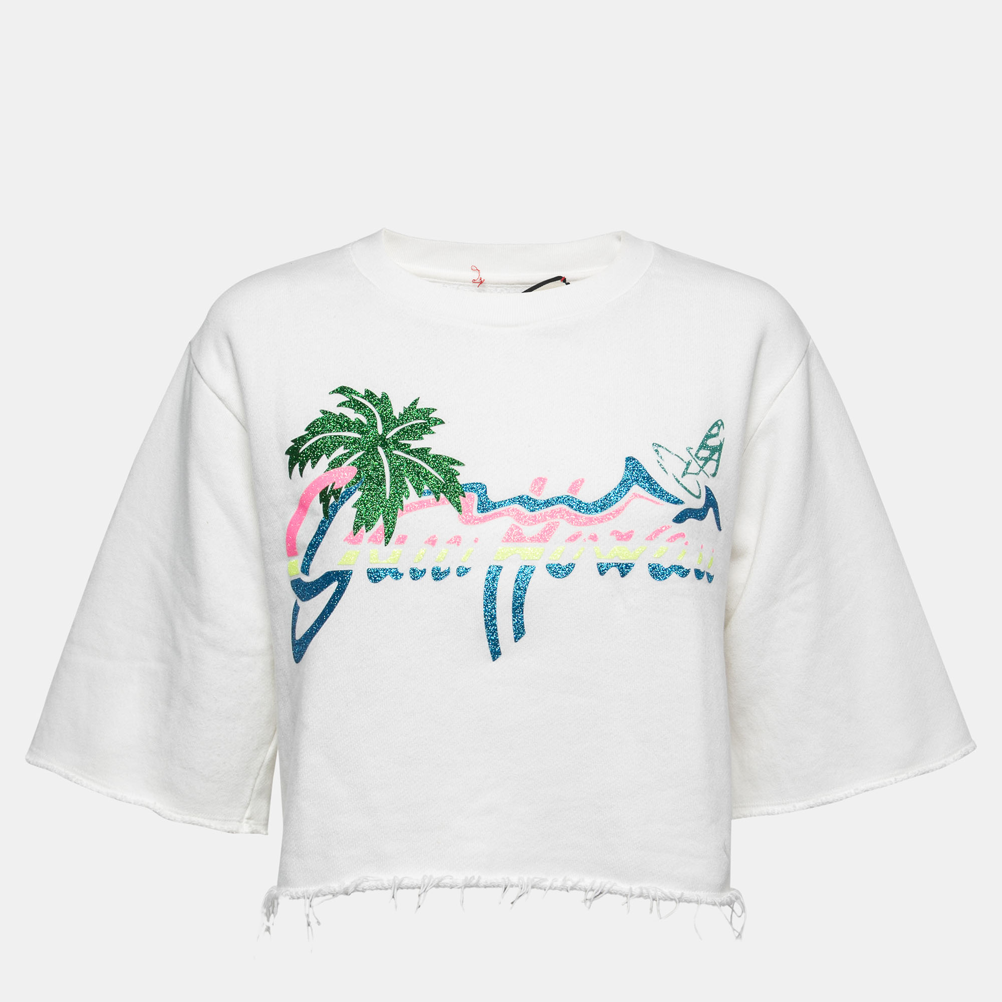 Pre-owned Gucci White Hawaii Glitter Print Cotton Knit Cropped T-shirt Xs