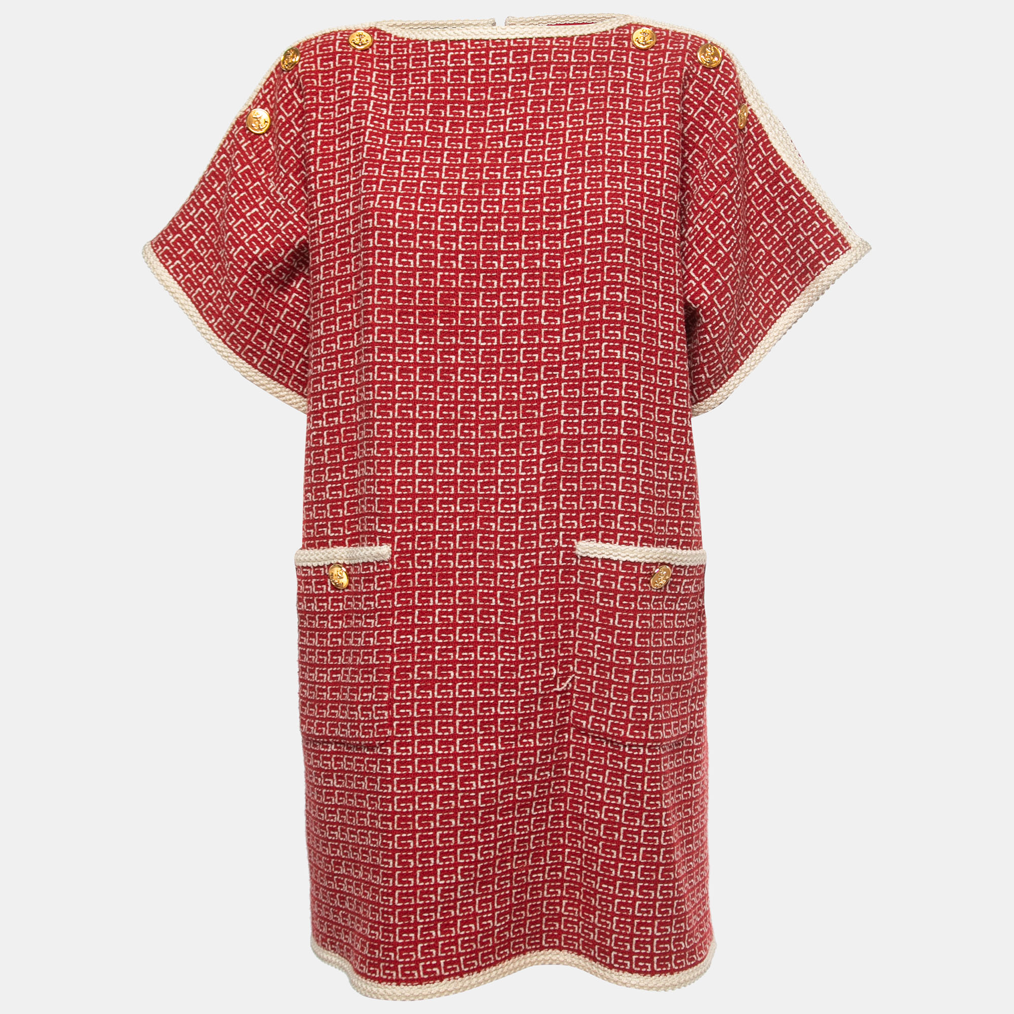 Gucci Red Logo Patterned Wool Blend Pocket Detail Mini Dress M