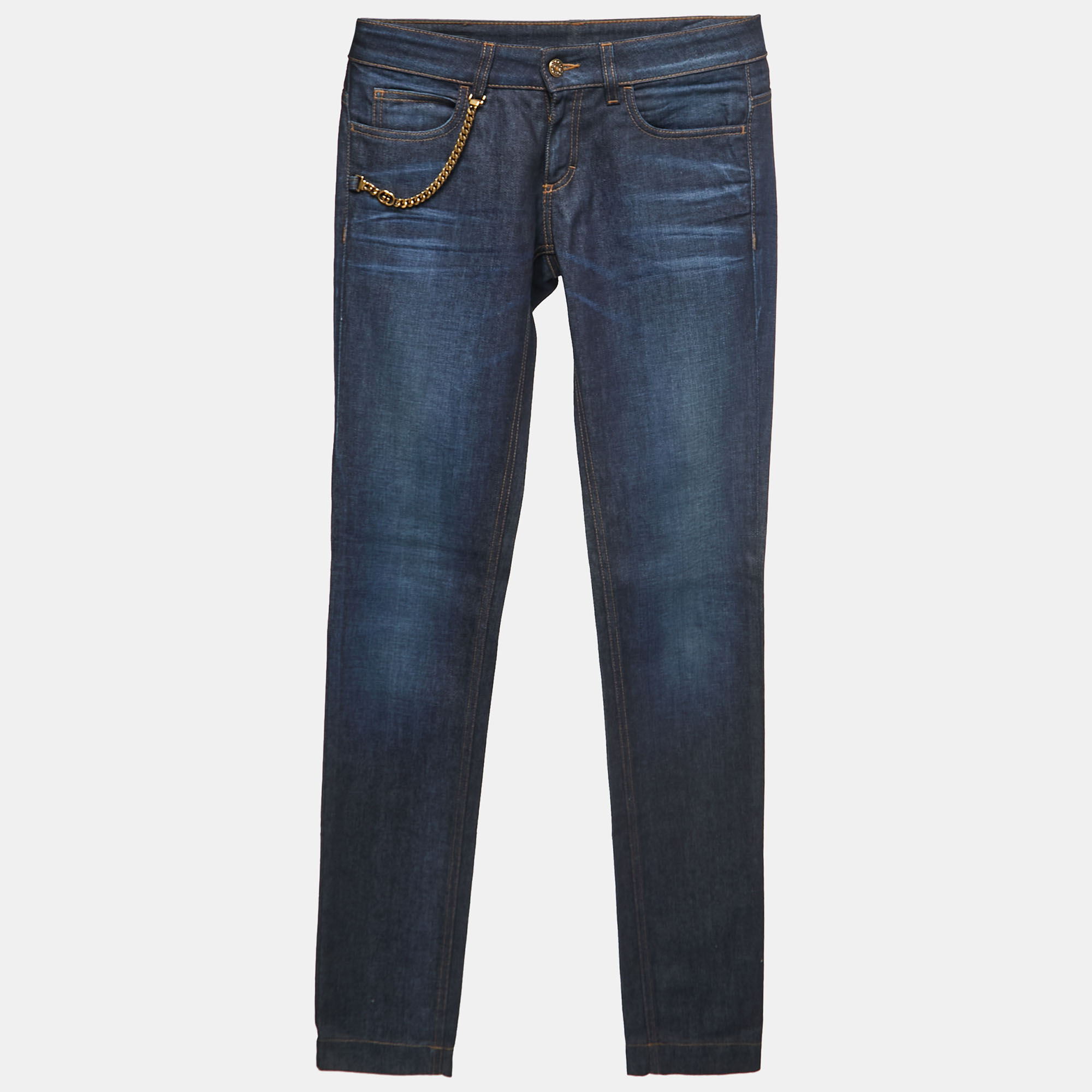 Pre Owned Gucci Dark Blue Denim Pocket Chain Detail Jeans S Waist 28"