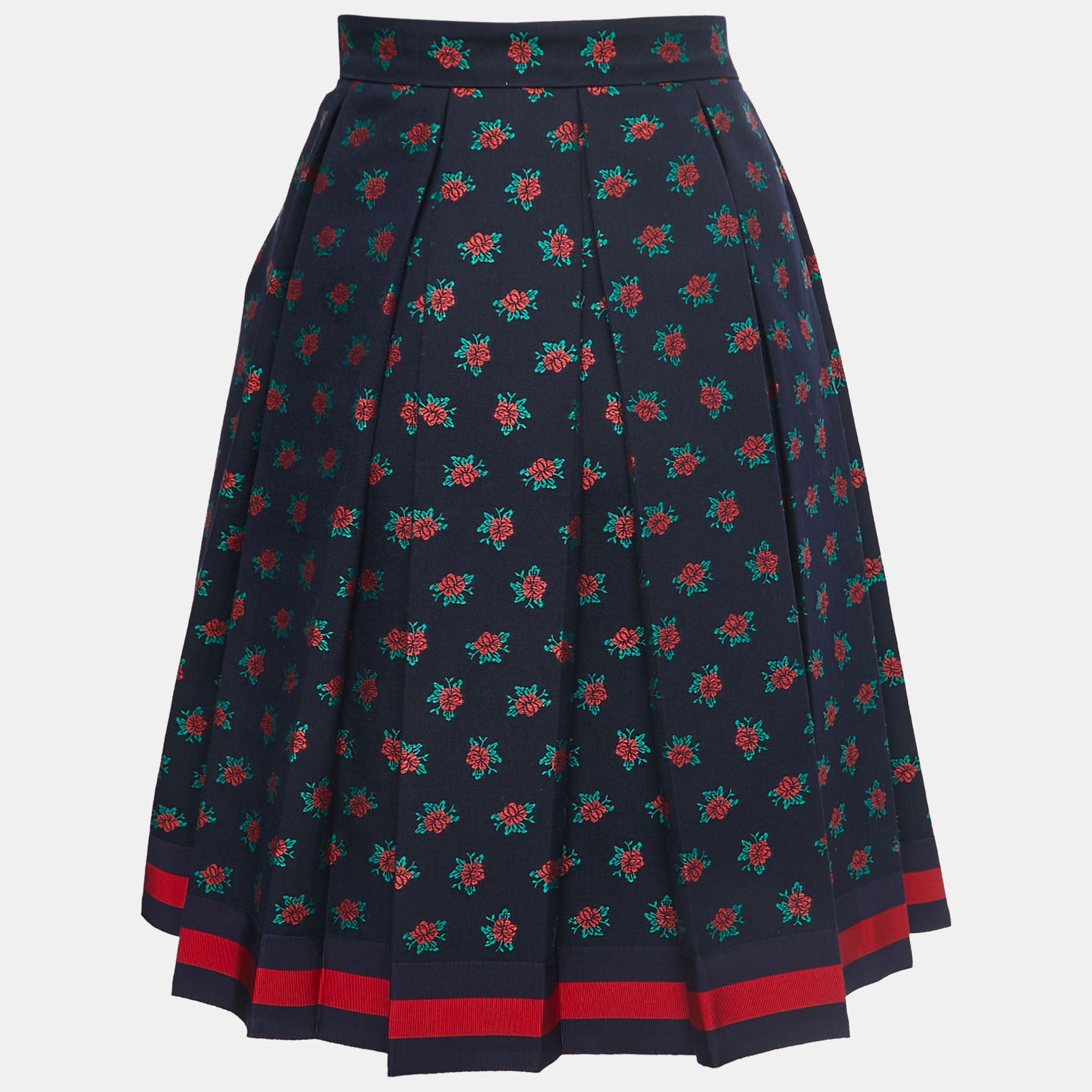 

Gucci Navy Blue Floral Jacquard Cotton Pleated Skirt