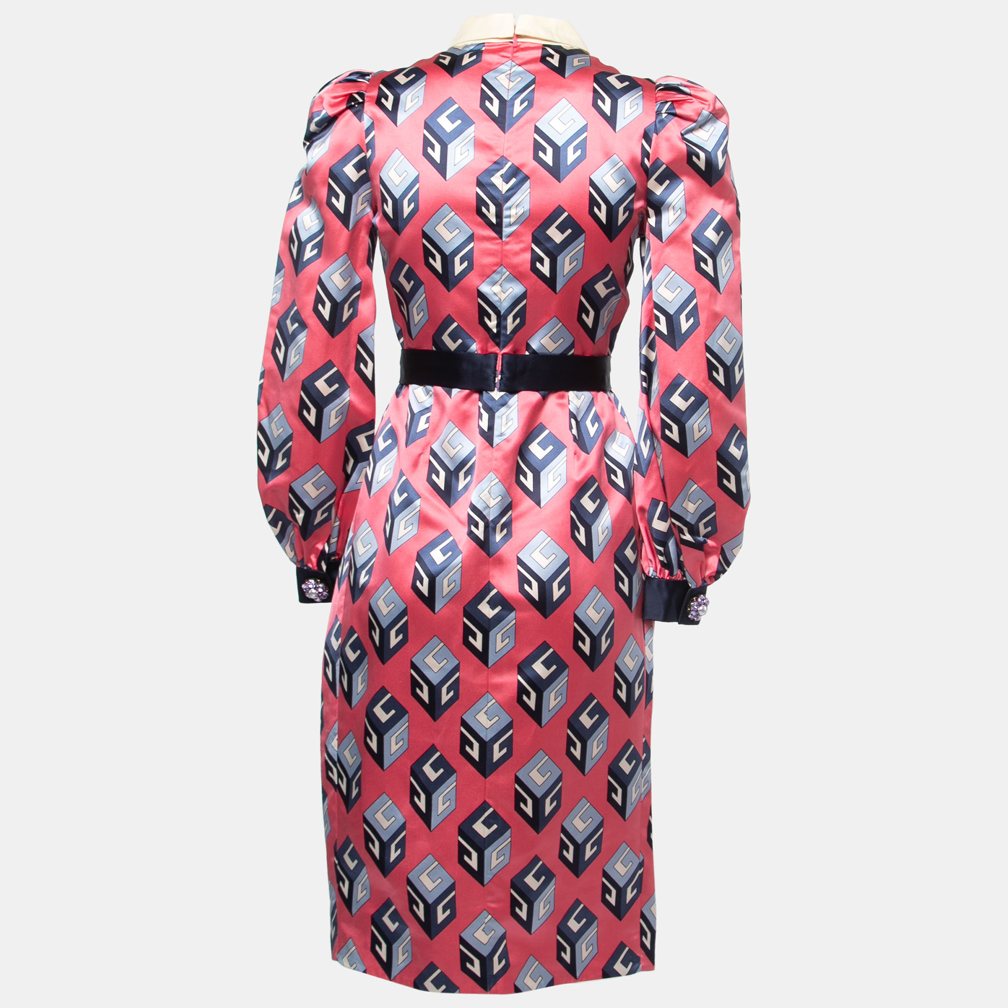 

Gucci Pink Cube Printed Satin Bow Belted Midi Dress