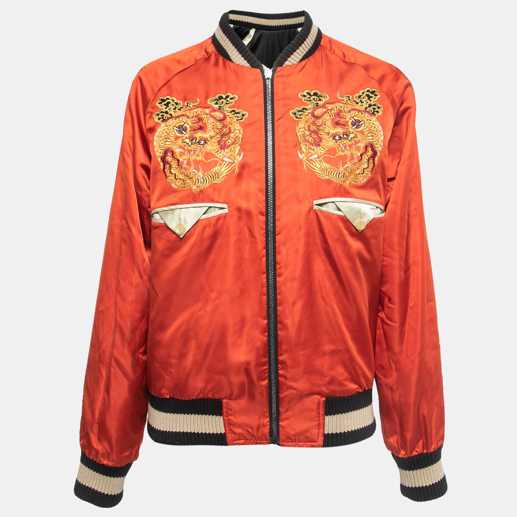 

Gucci Black Tiger Embroidered Satin Reversible Bomber Jacket