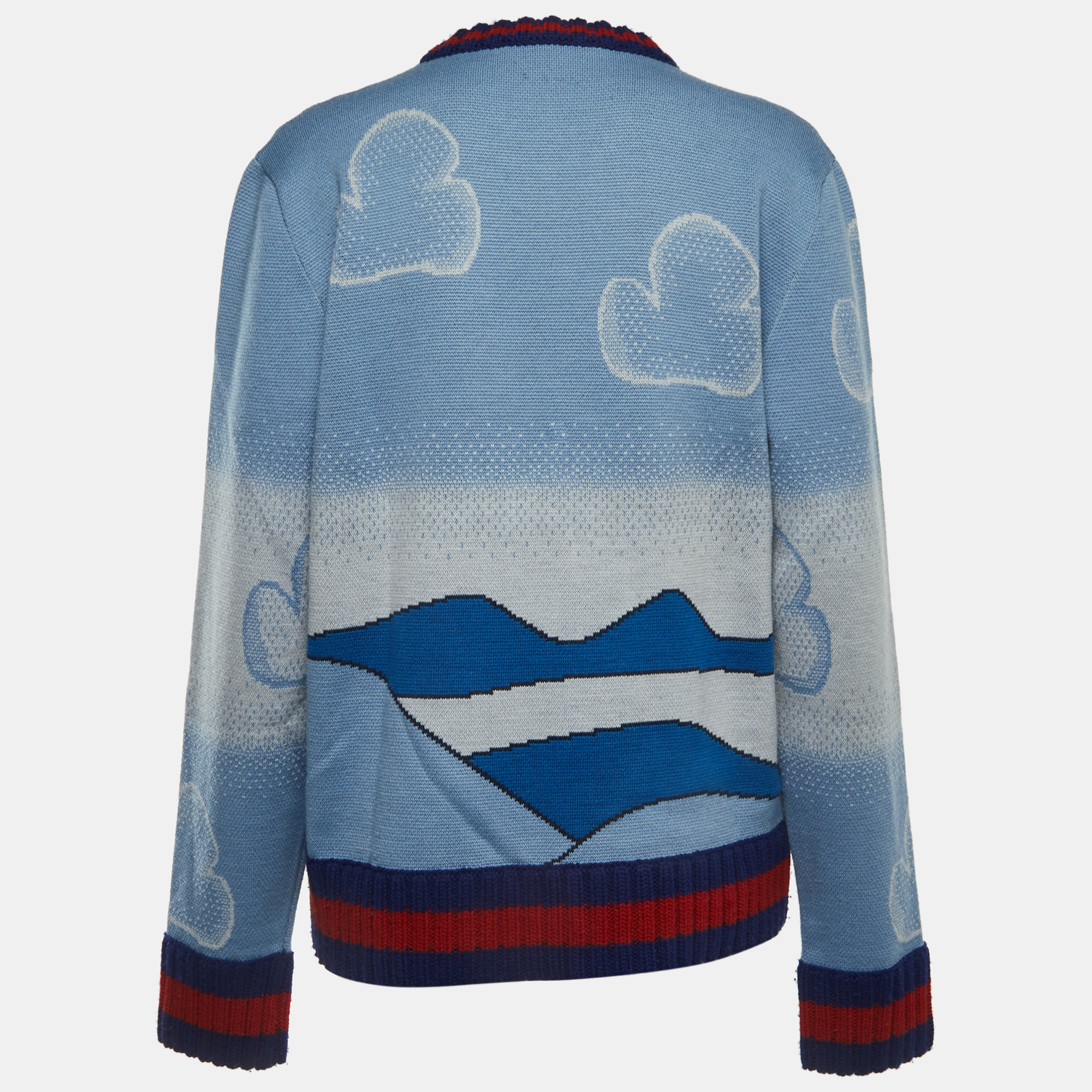 

Gucci Blue Castle Patterned Wool Embroidered Patch Crew Neck Sweater
