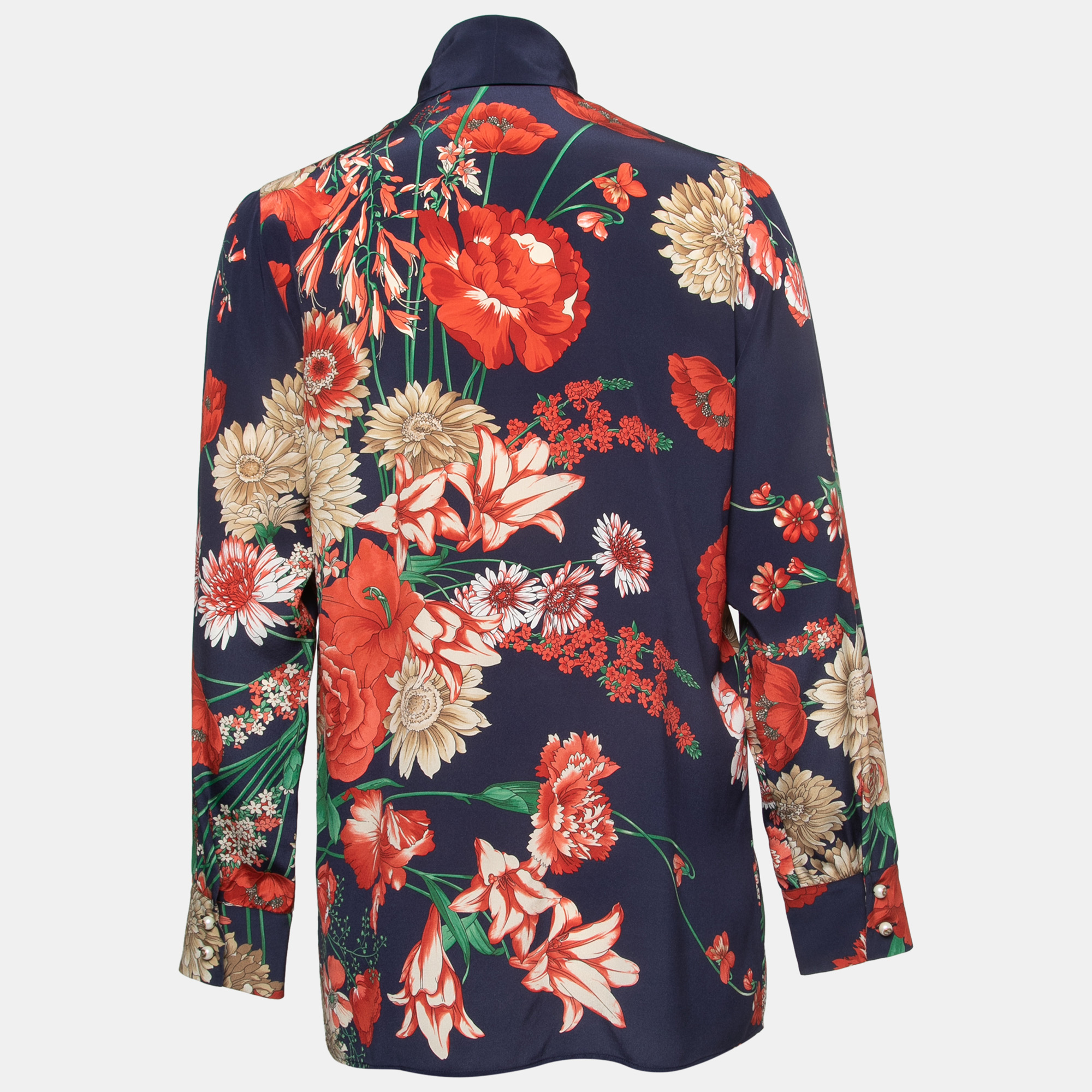 

Gucci Navy Blue Floral Printed Silk Tie-Neck Blouse