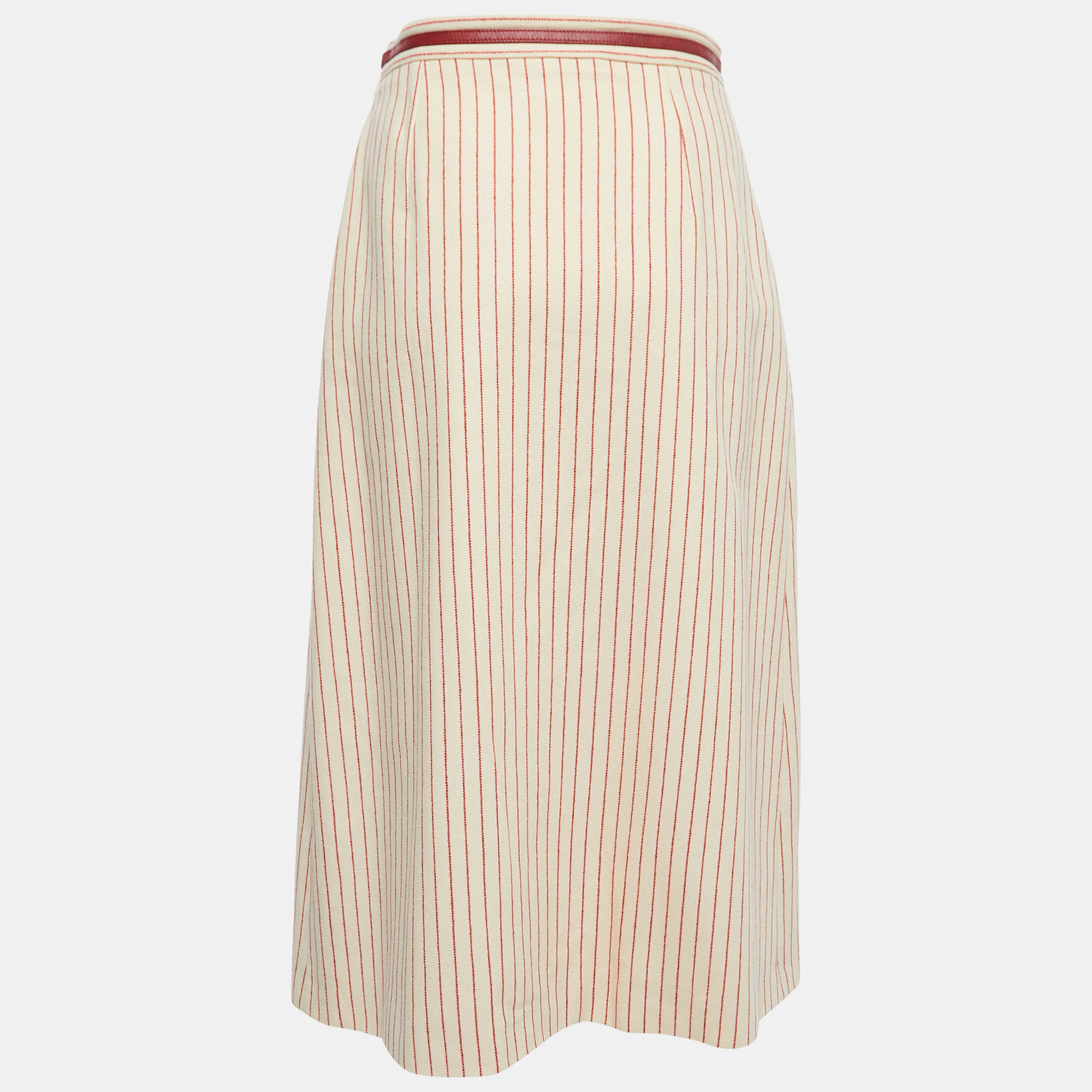 

Gucci Beige Striped Wool Horsebit Belt Detailed Midi Skirt