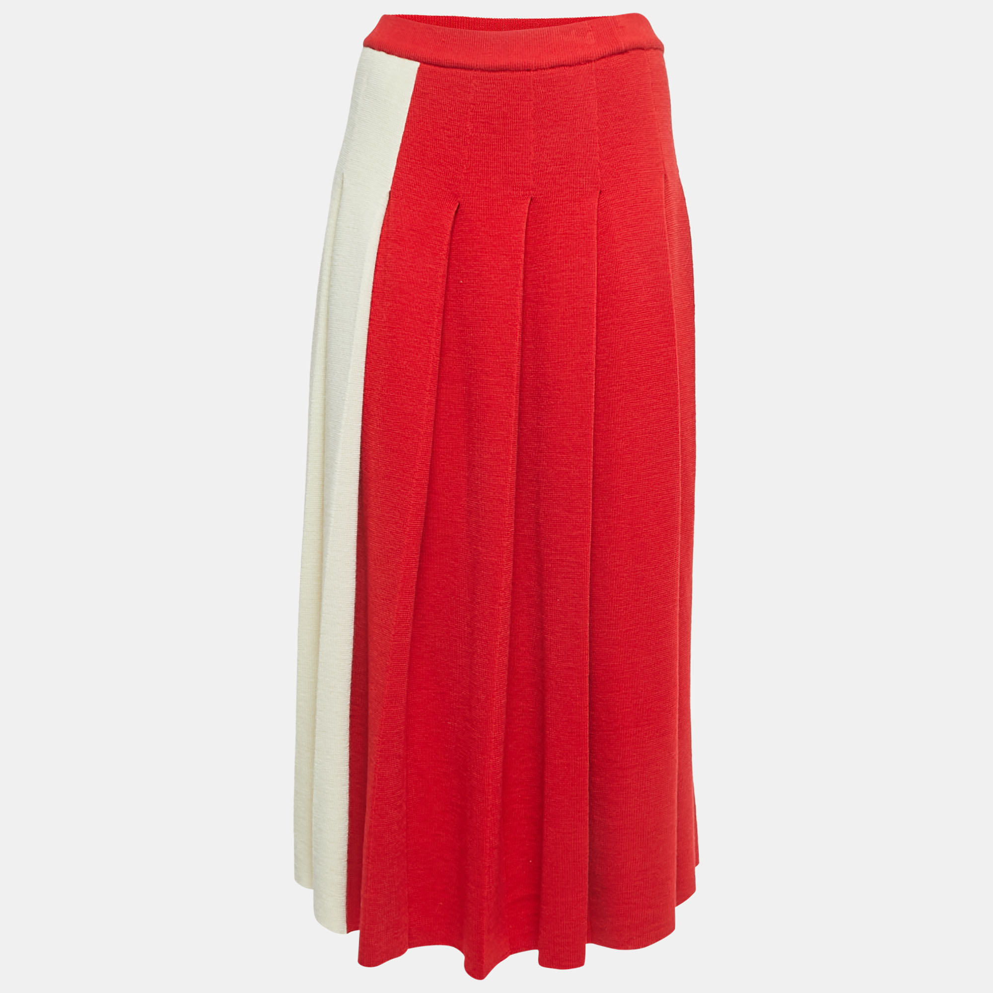 Pre-owned Gucci Cream/red Wool Elasticized Waist Pleated Midi Skirt S